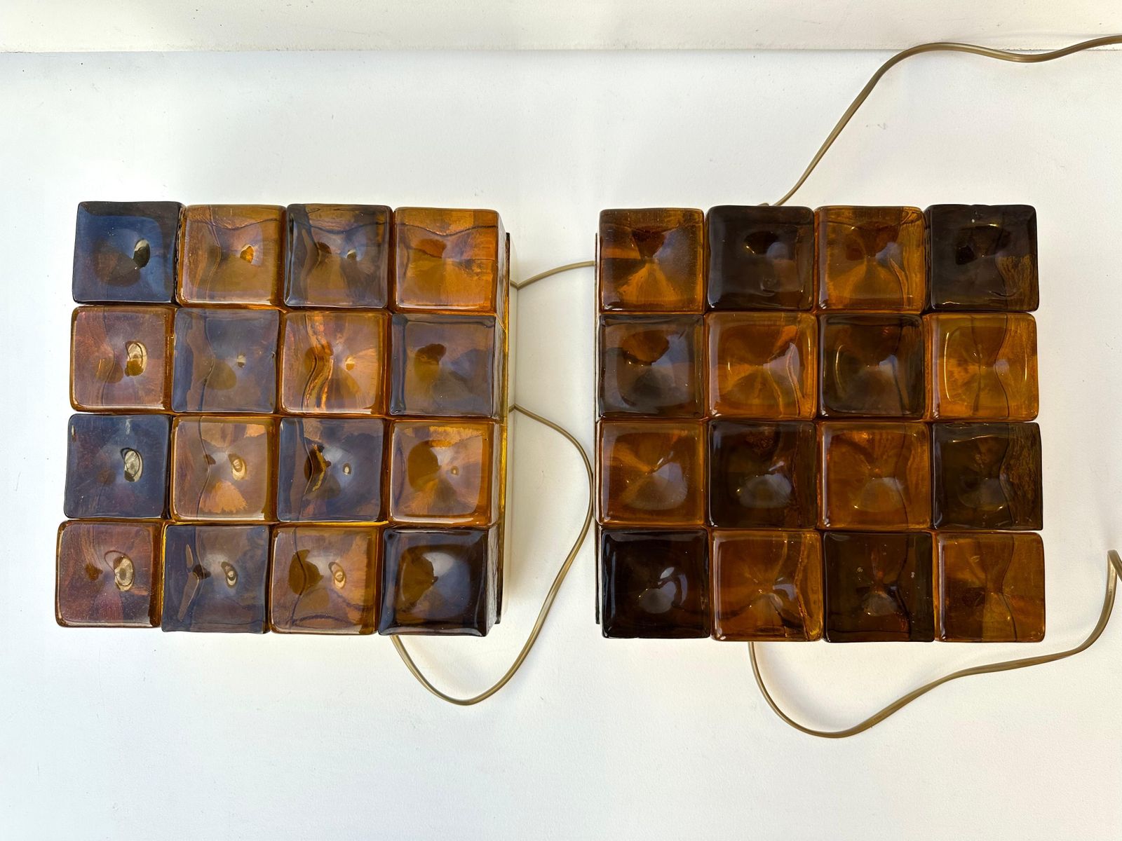Contemporary Pair Of Brass And Murano Glass Cube Marquetry Lamps, Italy photo furniture