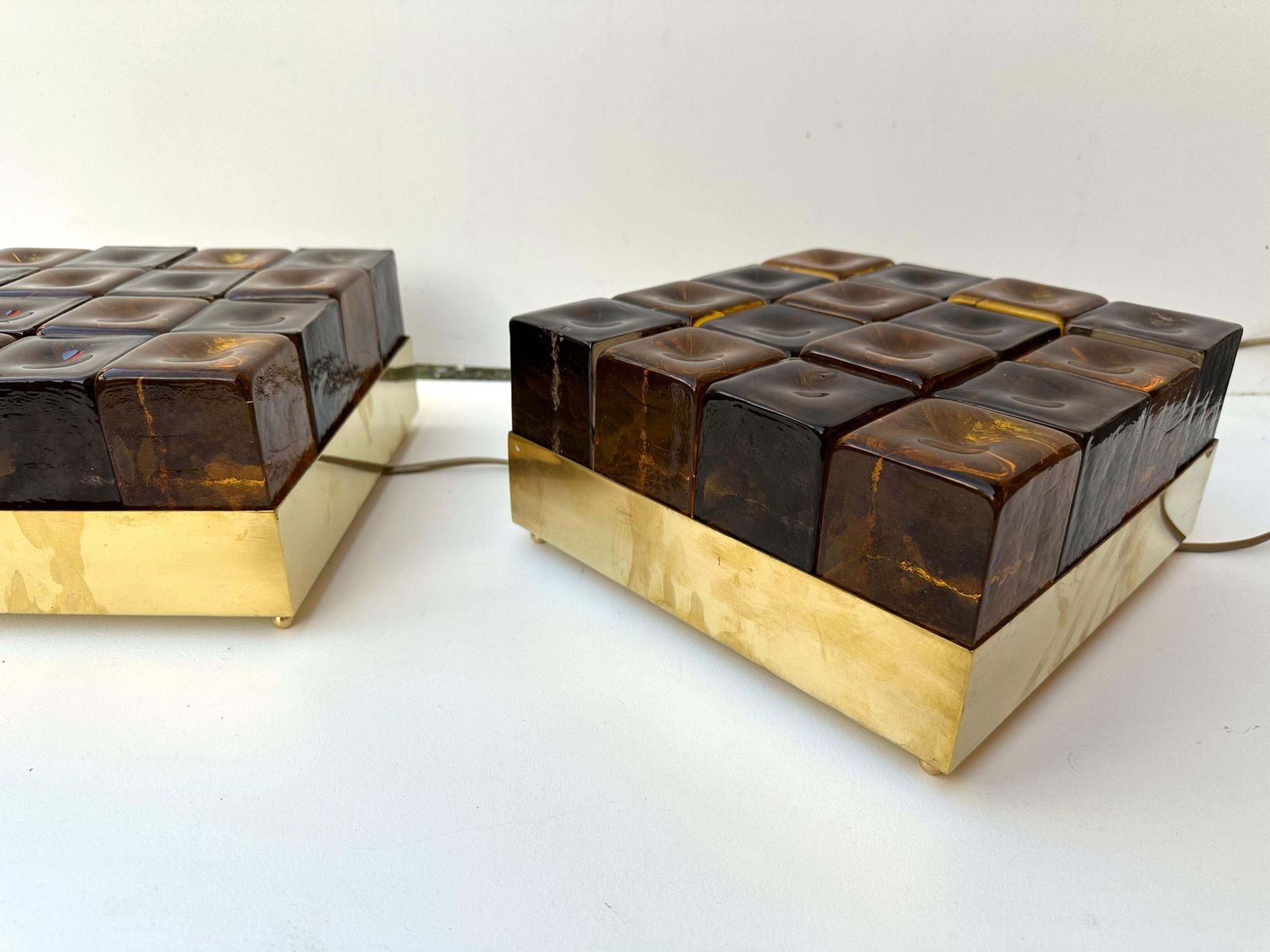 photo for sale Contemporary Pair Of Brass And Murano Glass Cube Marquetry Lamps, Italy