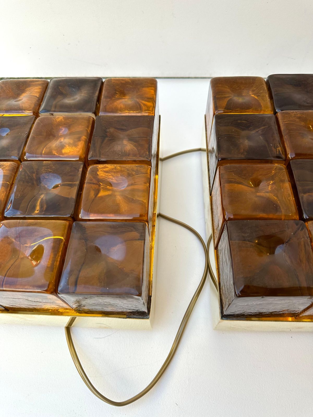 3678.0 Contemporary Pair Of Brass And Murano Glass Cube Marquetry Lamps, Italy photo