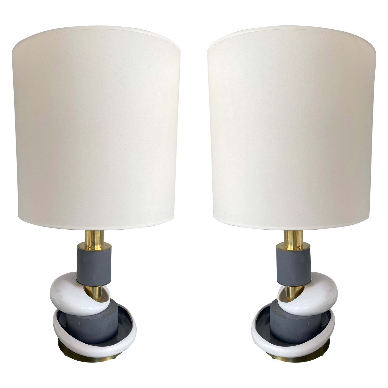 Contemporary Pair Of Sculptural Brass Ceramic Stone Lamps, Italy