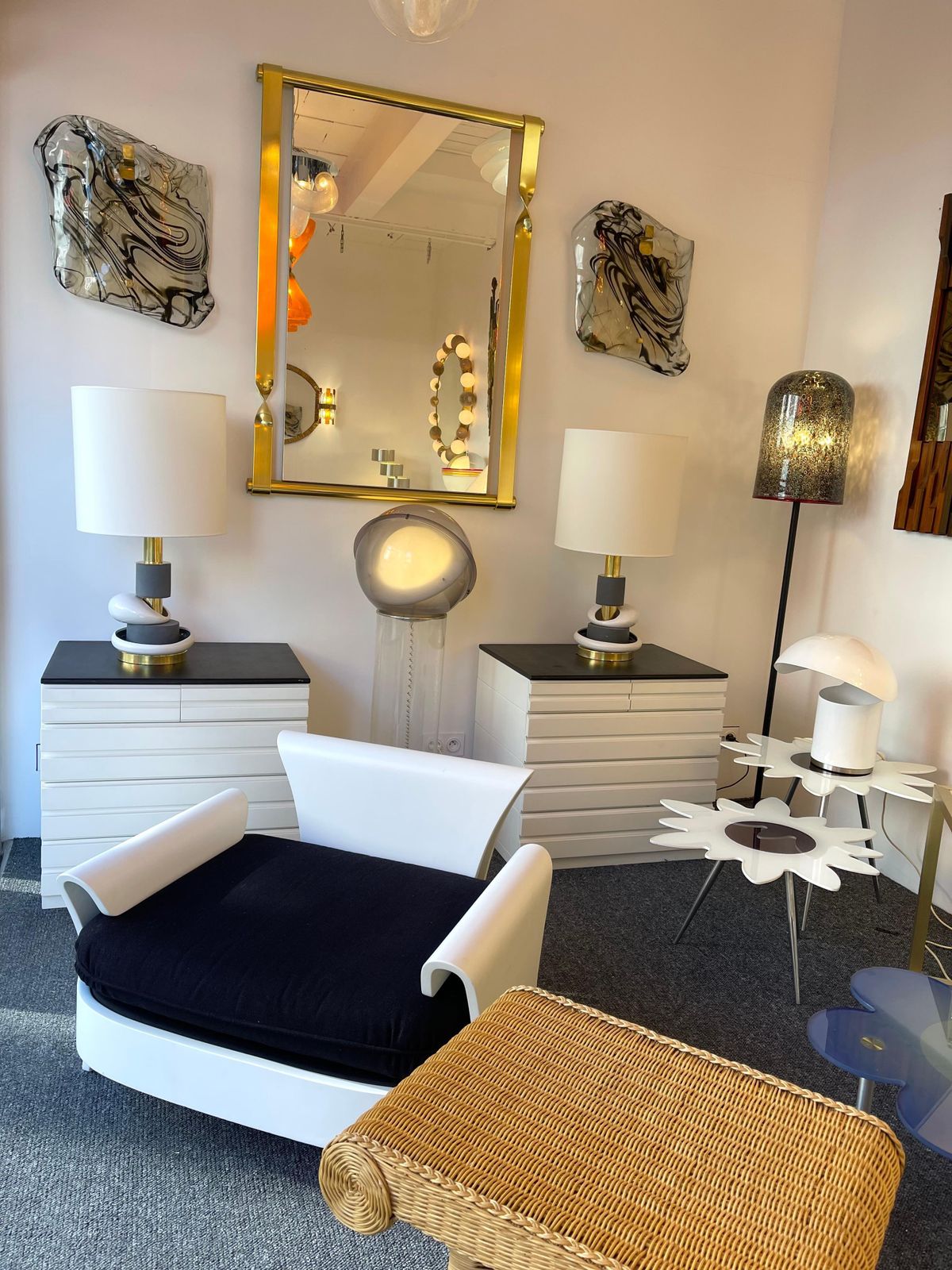 Contemporary Pair Of Sculptural Brass Ceramic Stone Lamps, Italy photo for sale
