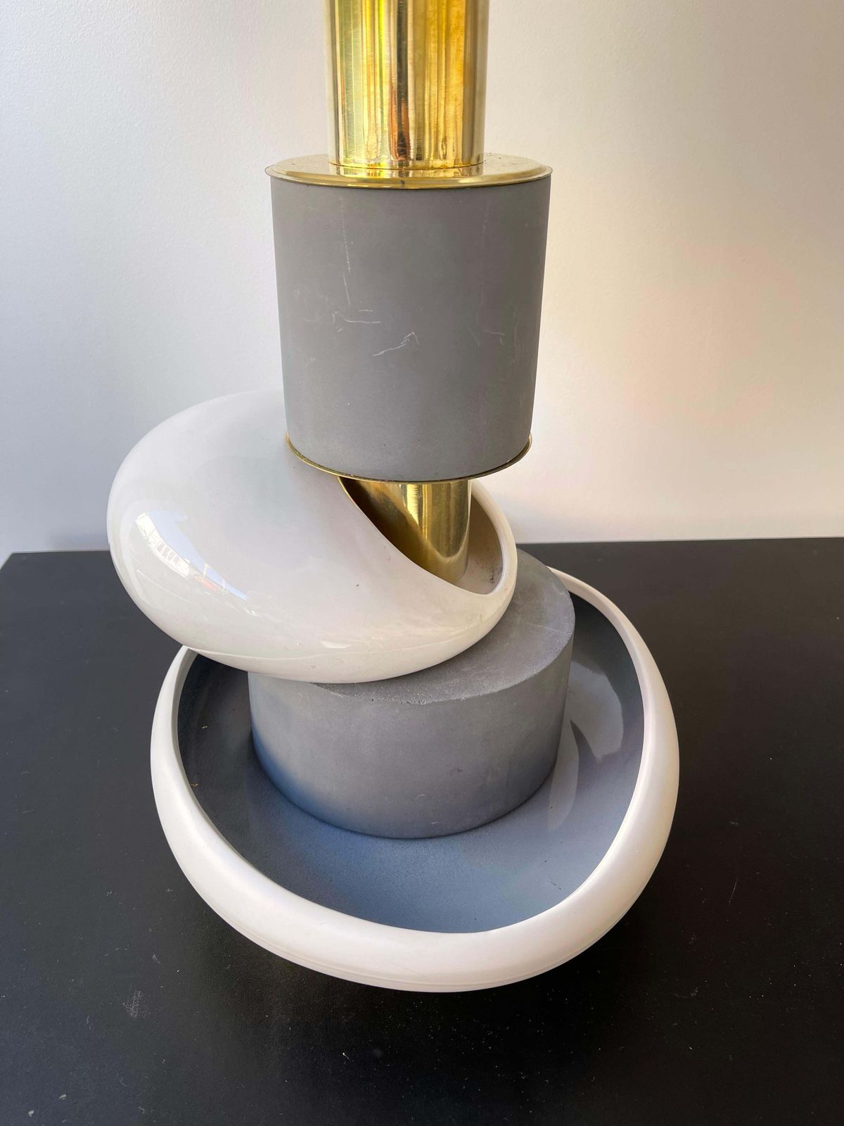 Contemporary Pair Of Sculptural Brass Ceramic Stone Lamps, Italy photo vinterior