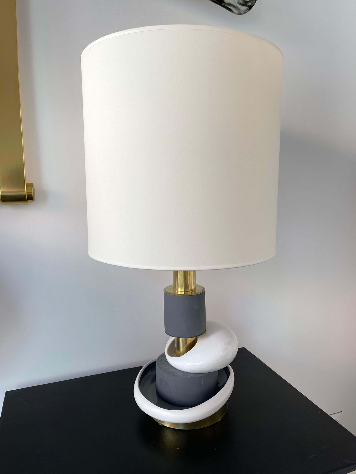 Contemporary Pair Of Sculptural Brass Ceramic Stone Lamps, Italy photo vintage