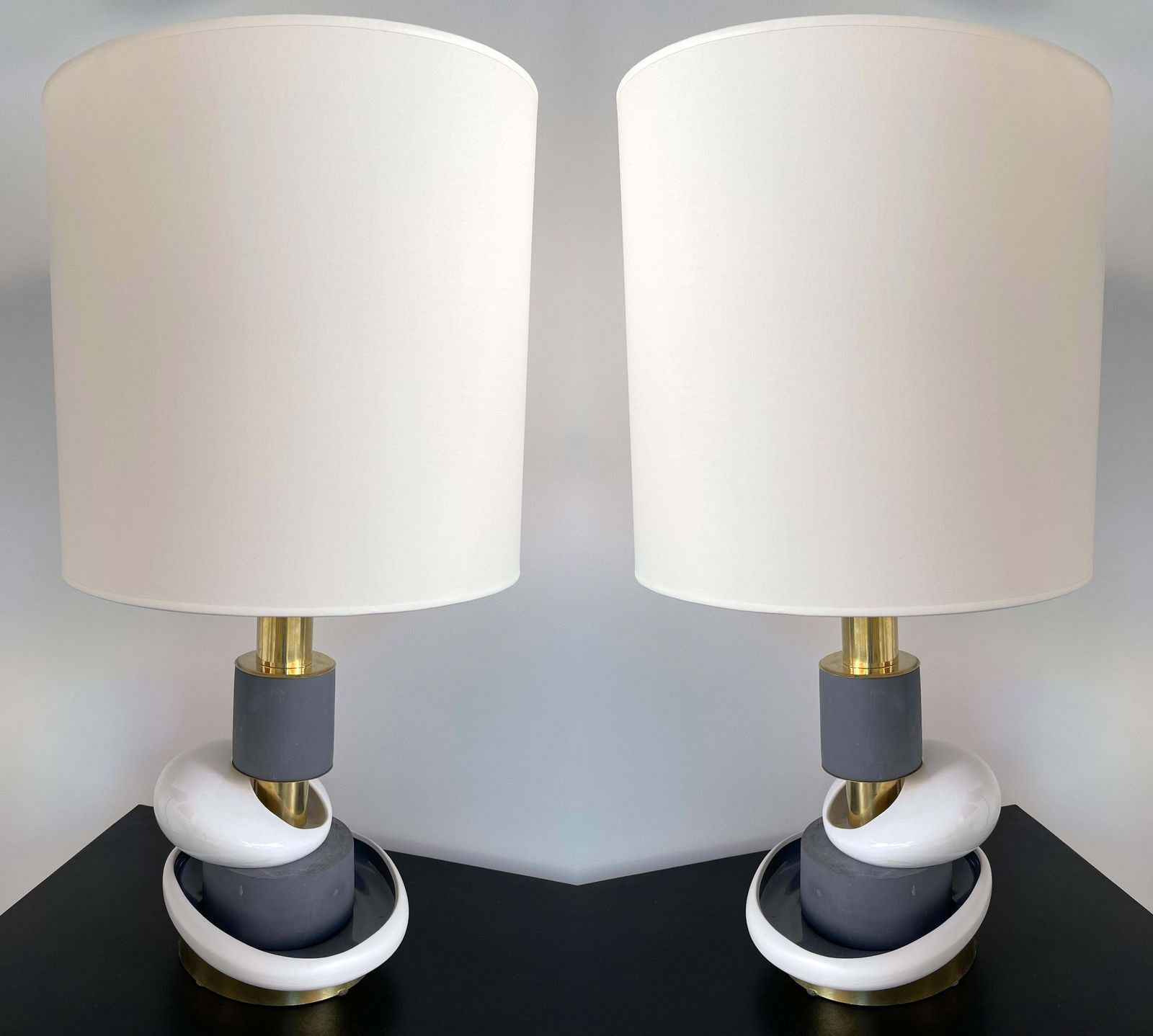 3849.0 Contemporary Pair Of Sculptural Brass Ceramic Stone Lamps, Italy photo