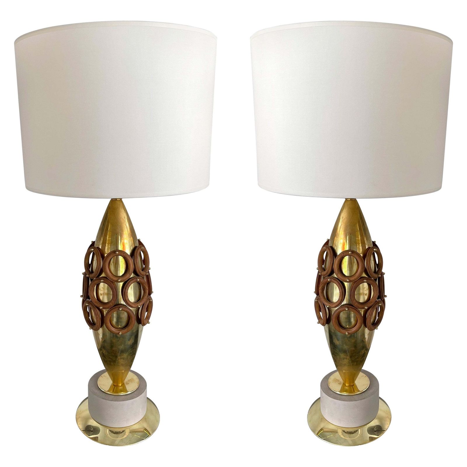 Contemporary Pair Of Brass And Wood Rings Lamps, Italy
