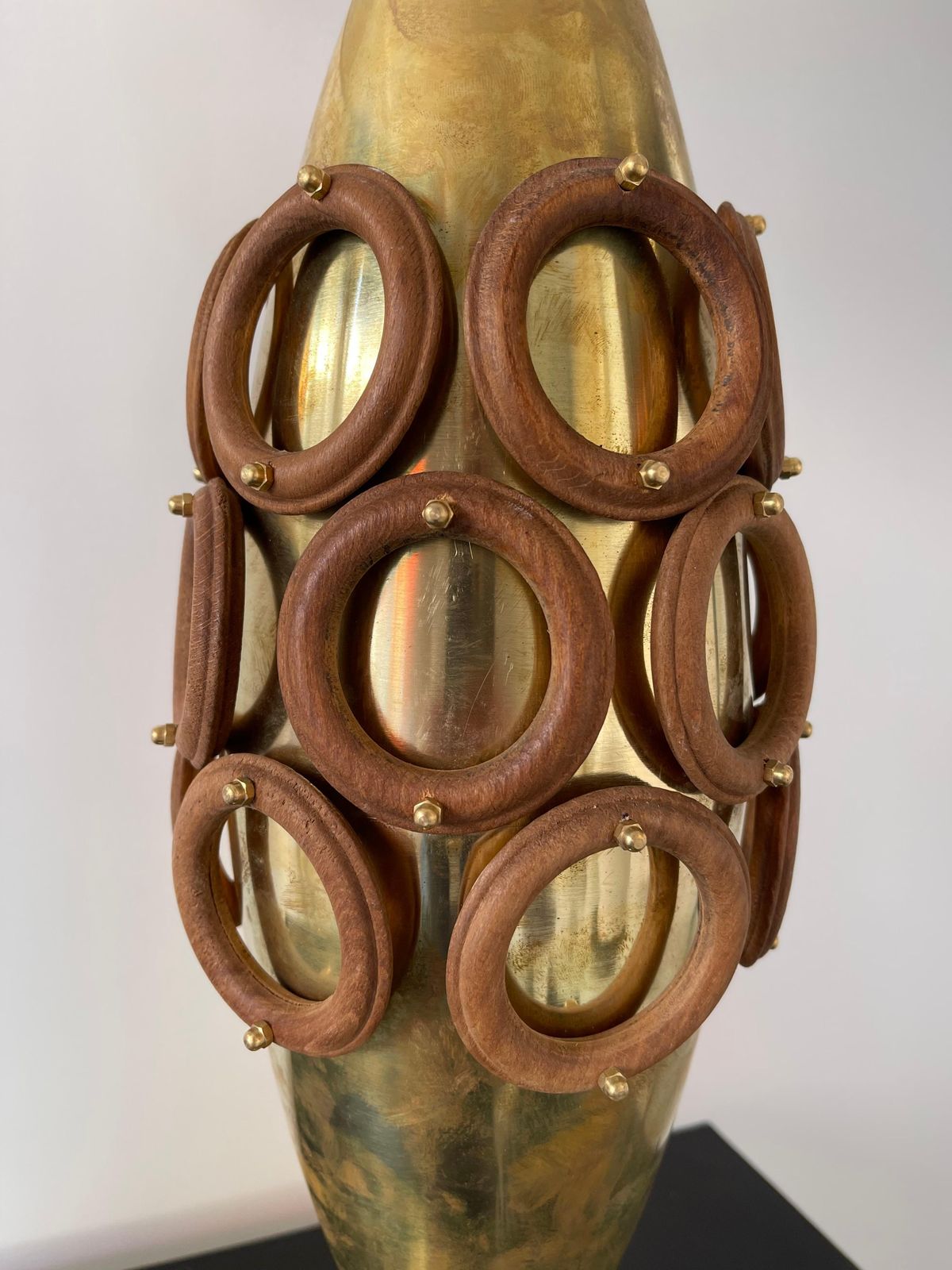 photo for sale Contemporary Pair Of Brass And Wood Rings Lamps, Italy