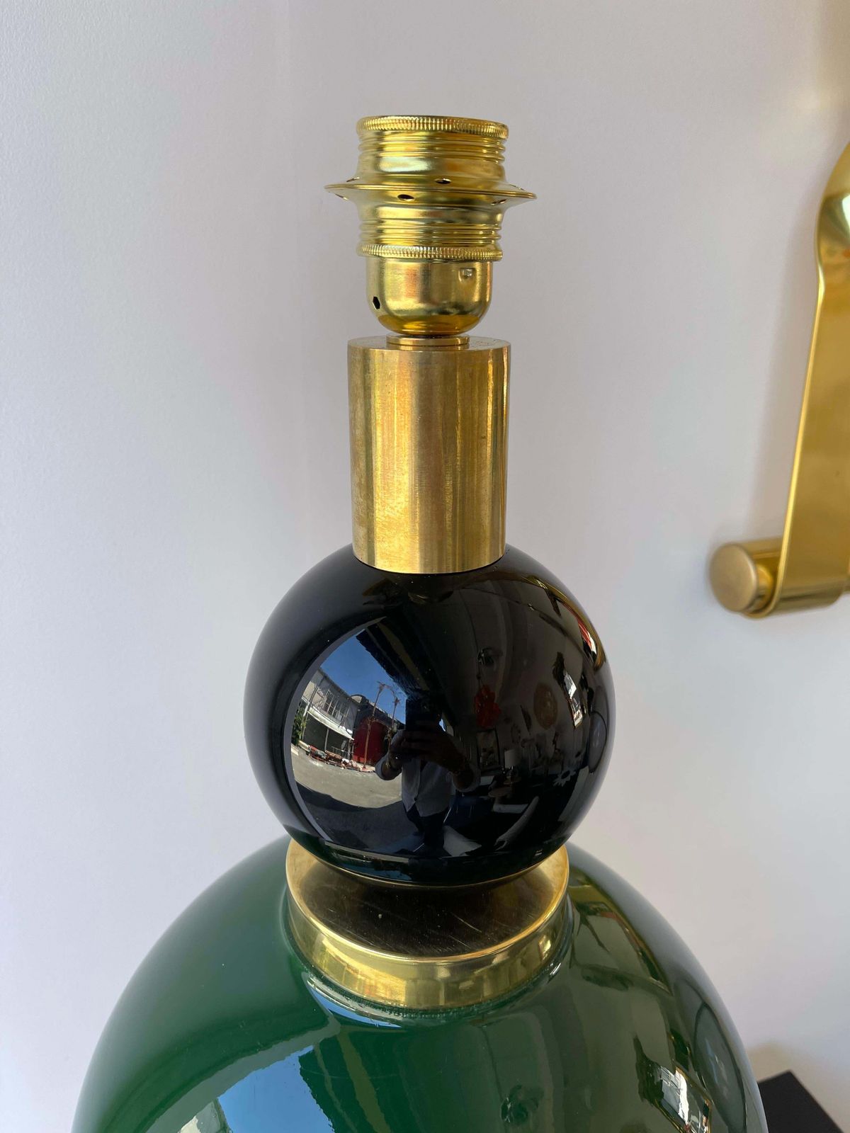 Contemporary Pair Of Brass Murano Glass And Wood Lamps, Italy photo buy