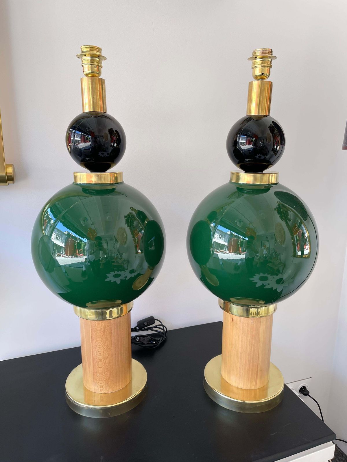 photo furniture Contemporary Pair Of Brass Murano Glass And Wood Lamps, Italy