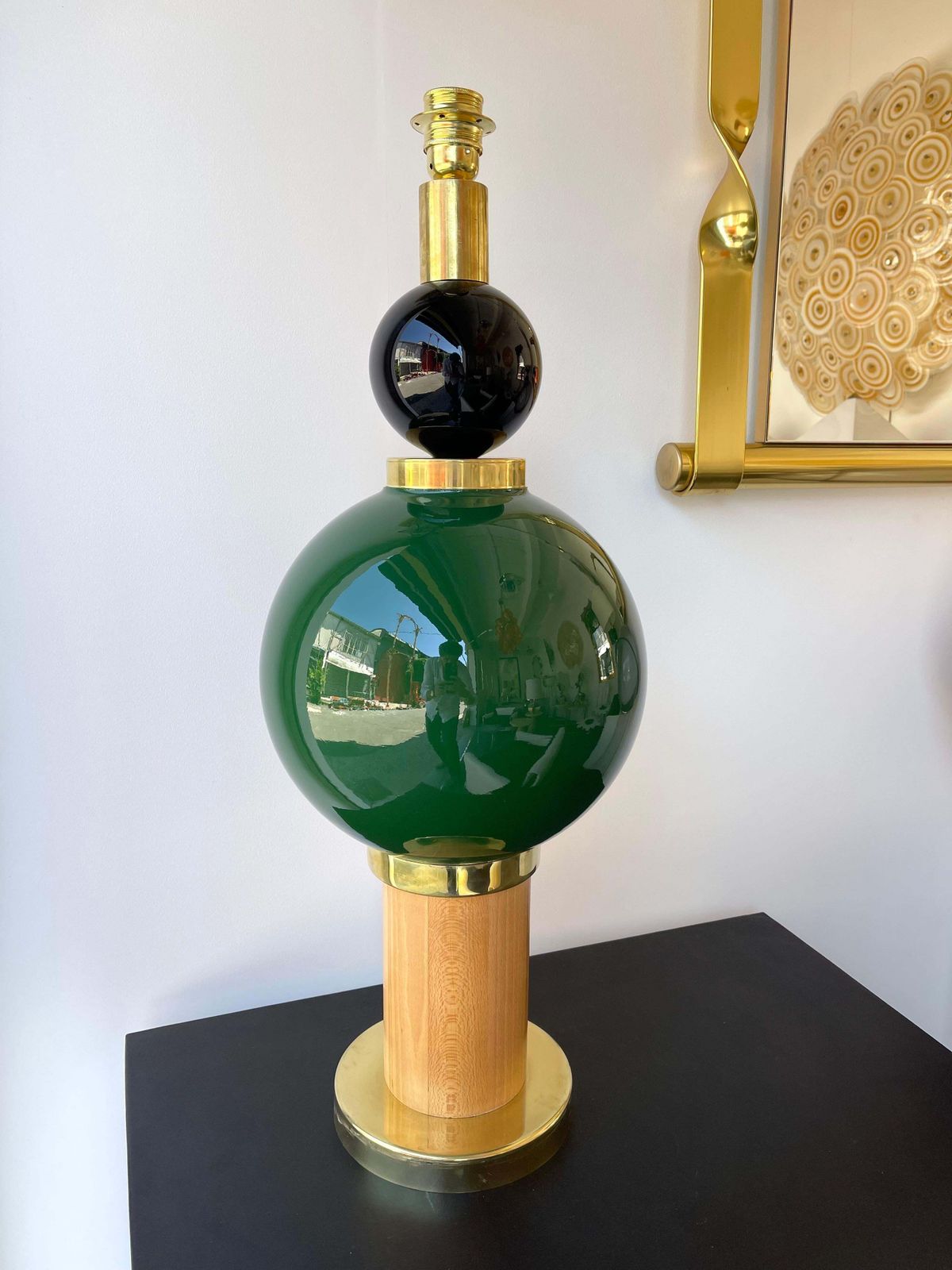 photo vinterior Contemporary Pair Of Brass Murano Glass And Wood Lamps, Italy