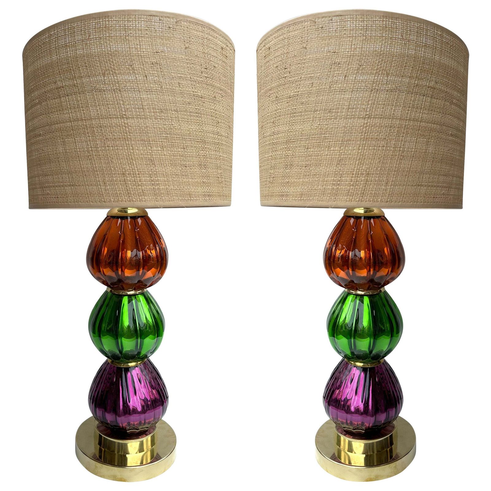 Contemporary Pair Of Brass And Colored Mirrored Murano Glass Lamps, Italy