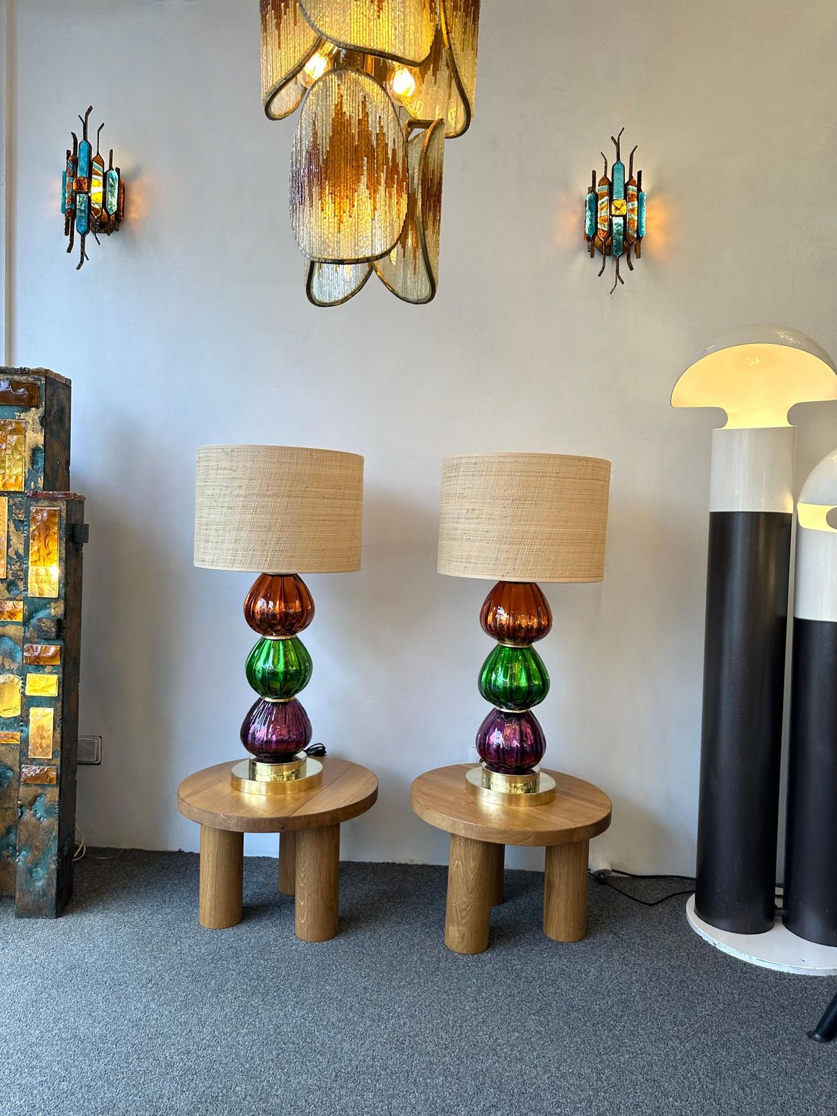 Contemporary Pair Of Brass And Colored Mirrored Murano Glass Lamps, Italy photo Lighting