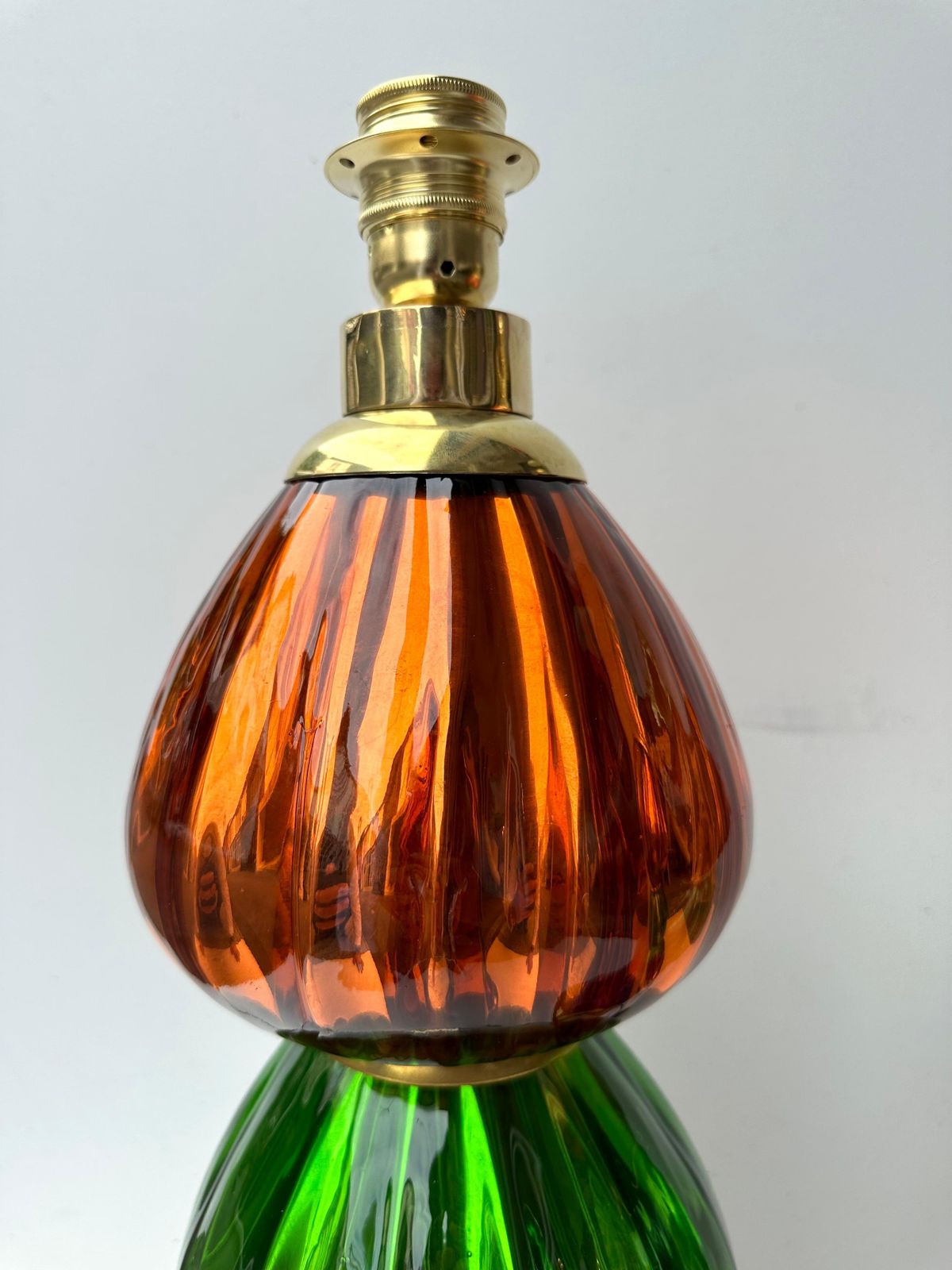 Contemporary Pair Of Brass And Colored Mirrored Murano Glass Lamps, Italy photo vintage
