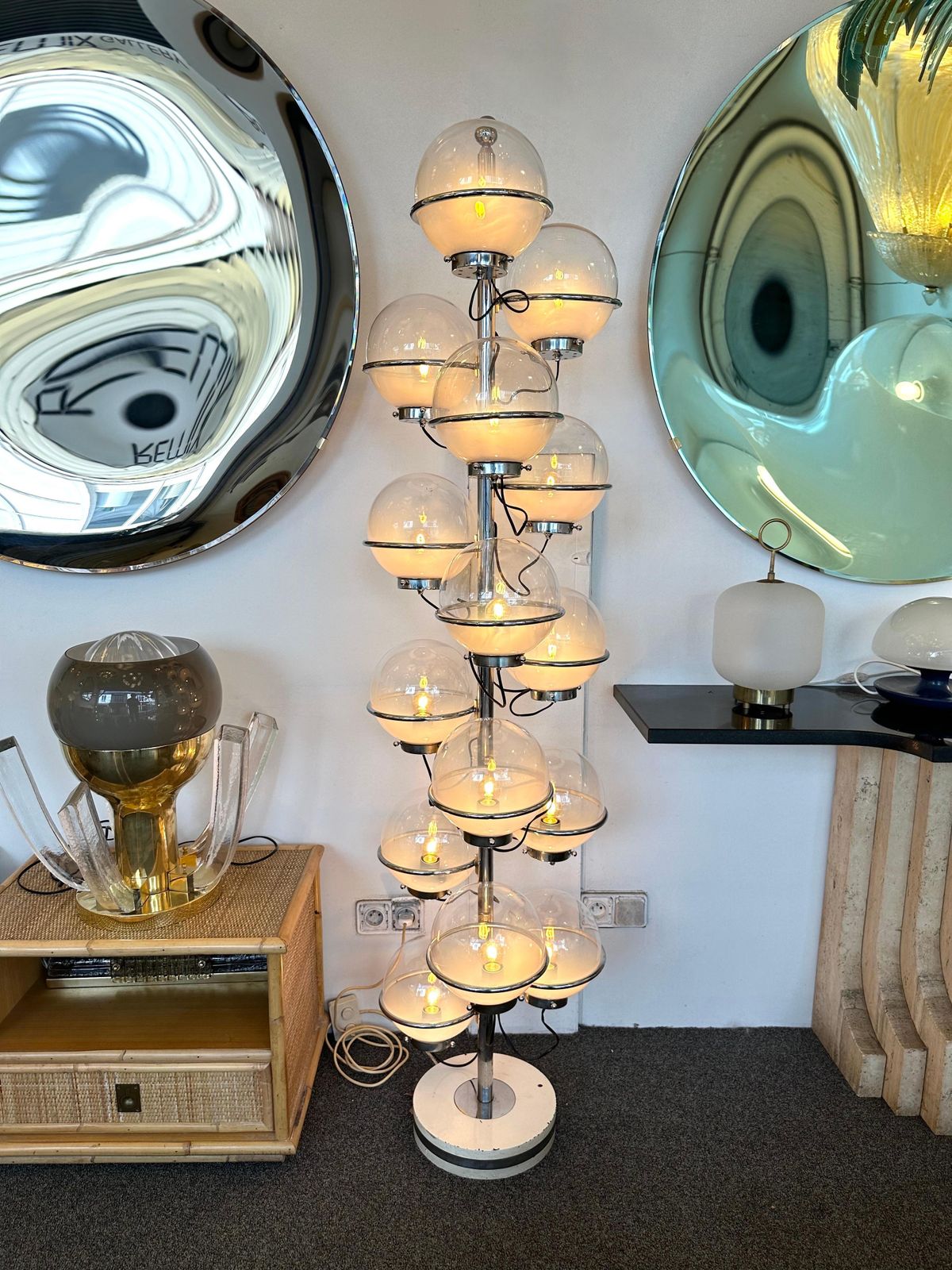 Large Floor Lamp Metal And White Smoke Glass Globe By Candle, Italy, 1970s photo furniture