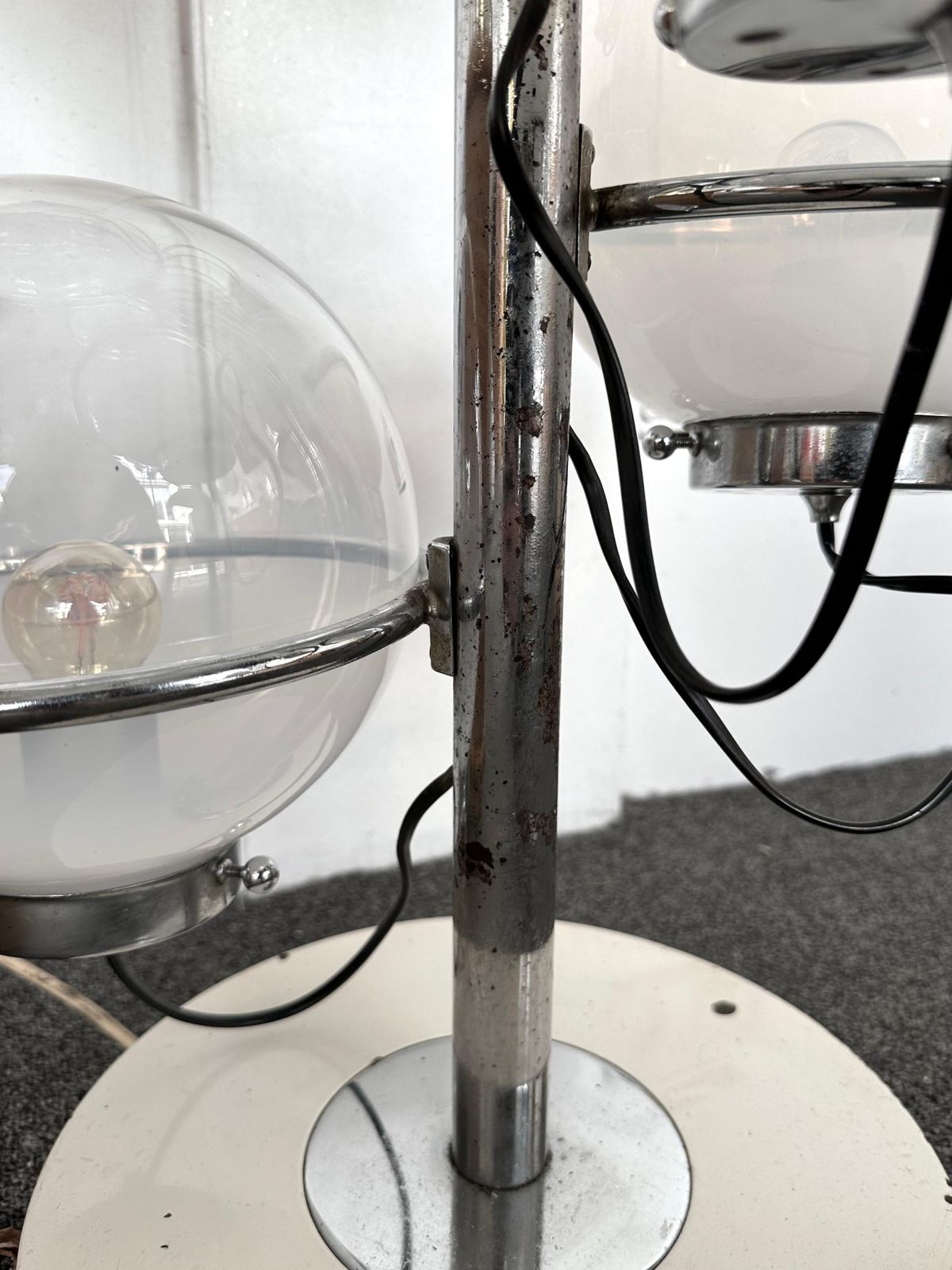 photo for sale Large Floor Lamp Metal And White Smoke Glass Globe By Candle, Italy, 1970s