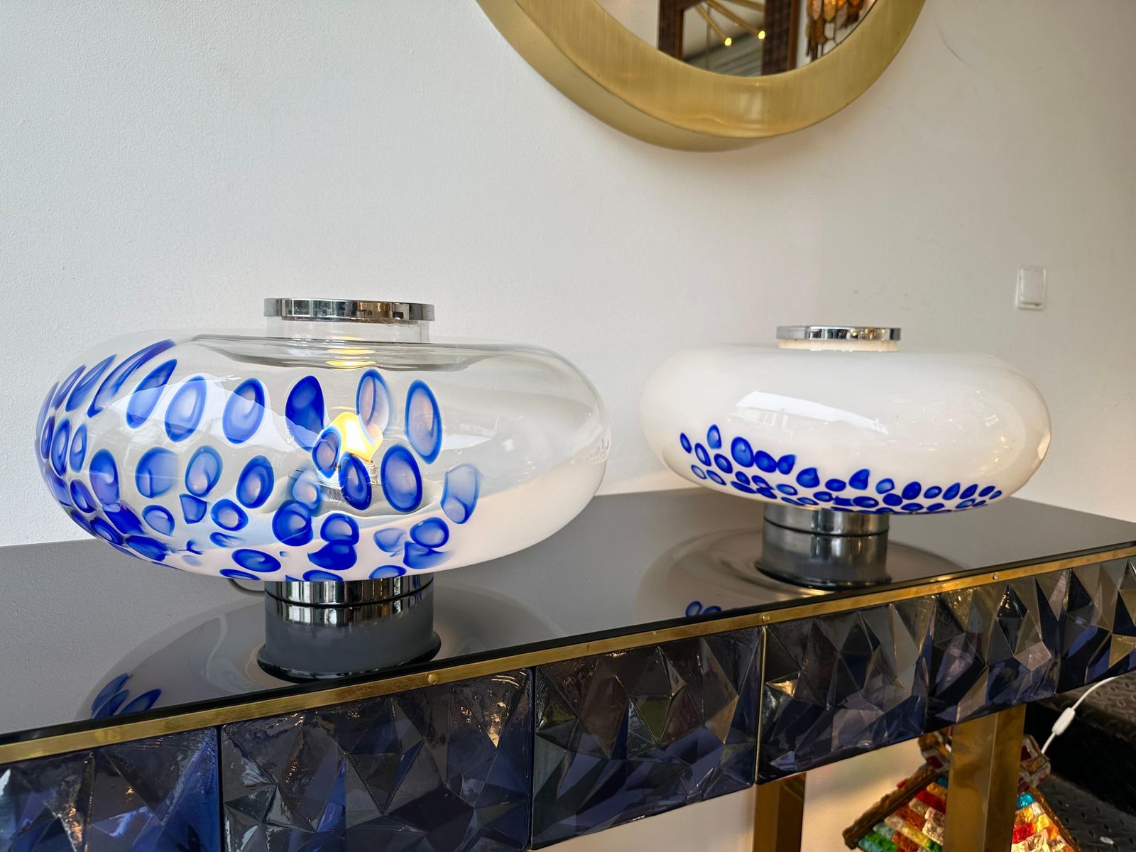 Midcentury Pair Of Murano Glass And Metal Ufo Lamps By Esperia, Italy, 1970s photo for sale