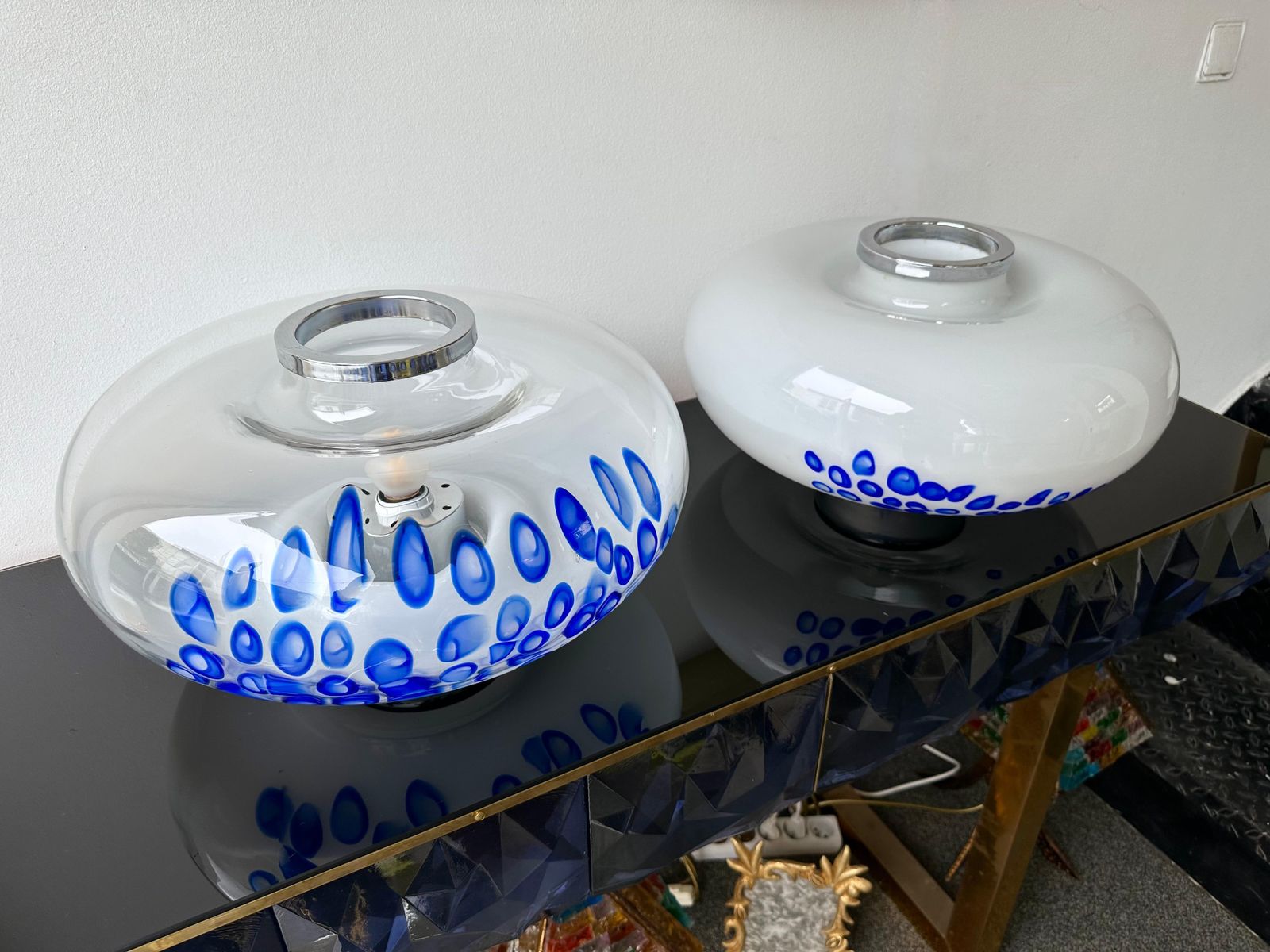 photo furniture Midcentury Pair Of Murano Glass And Metal Ufo Lamps By Esperia, Italy, 1970s