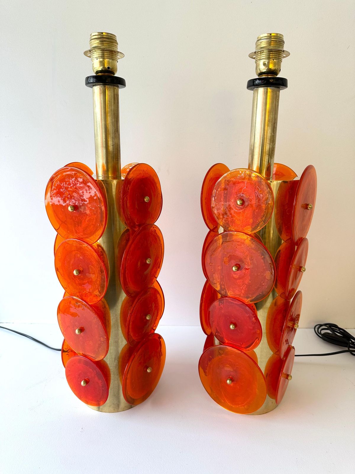 Contemporary Pair Of Brass Murano Glass Orange Disc Lamps, Italy photo furniture
