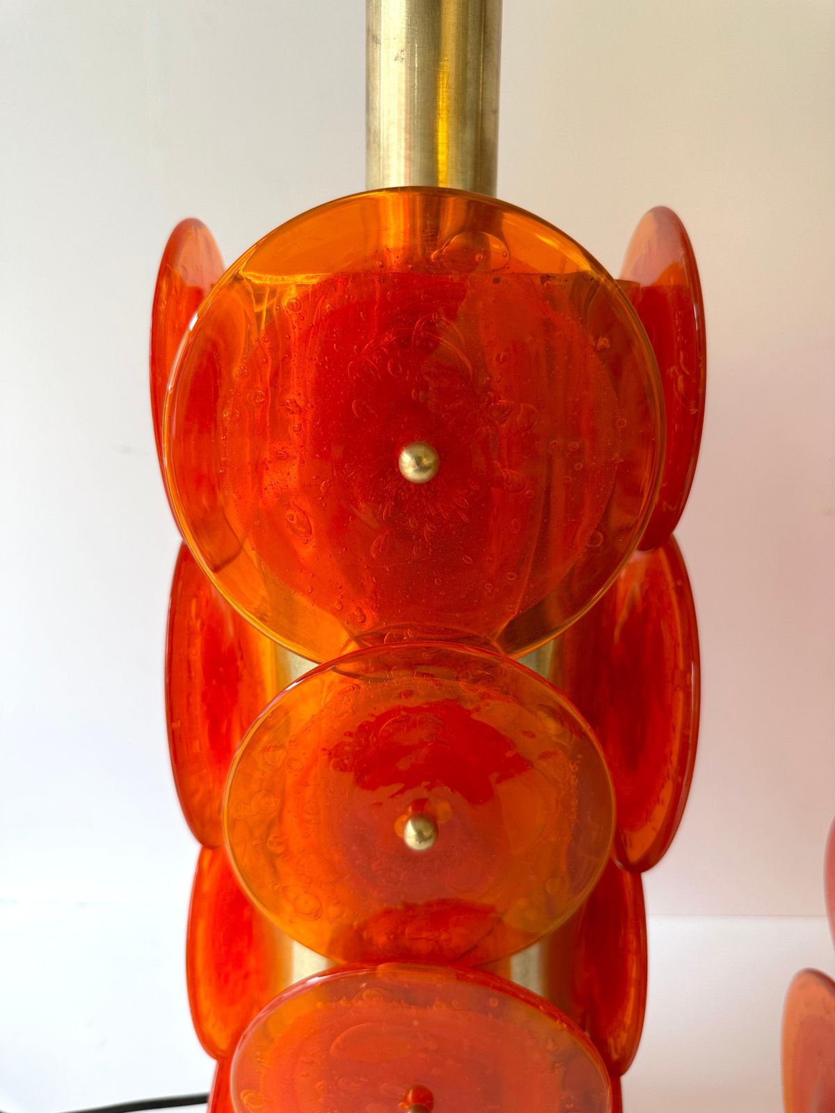 Contemporary Pair Of Brass Murano Glass Orange Disc Lamps, Italy photo Lighting