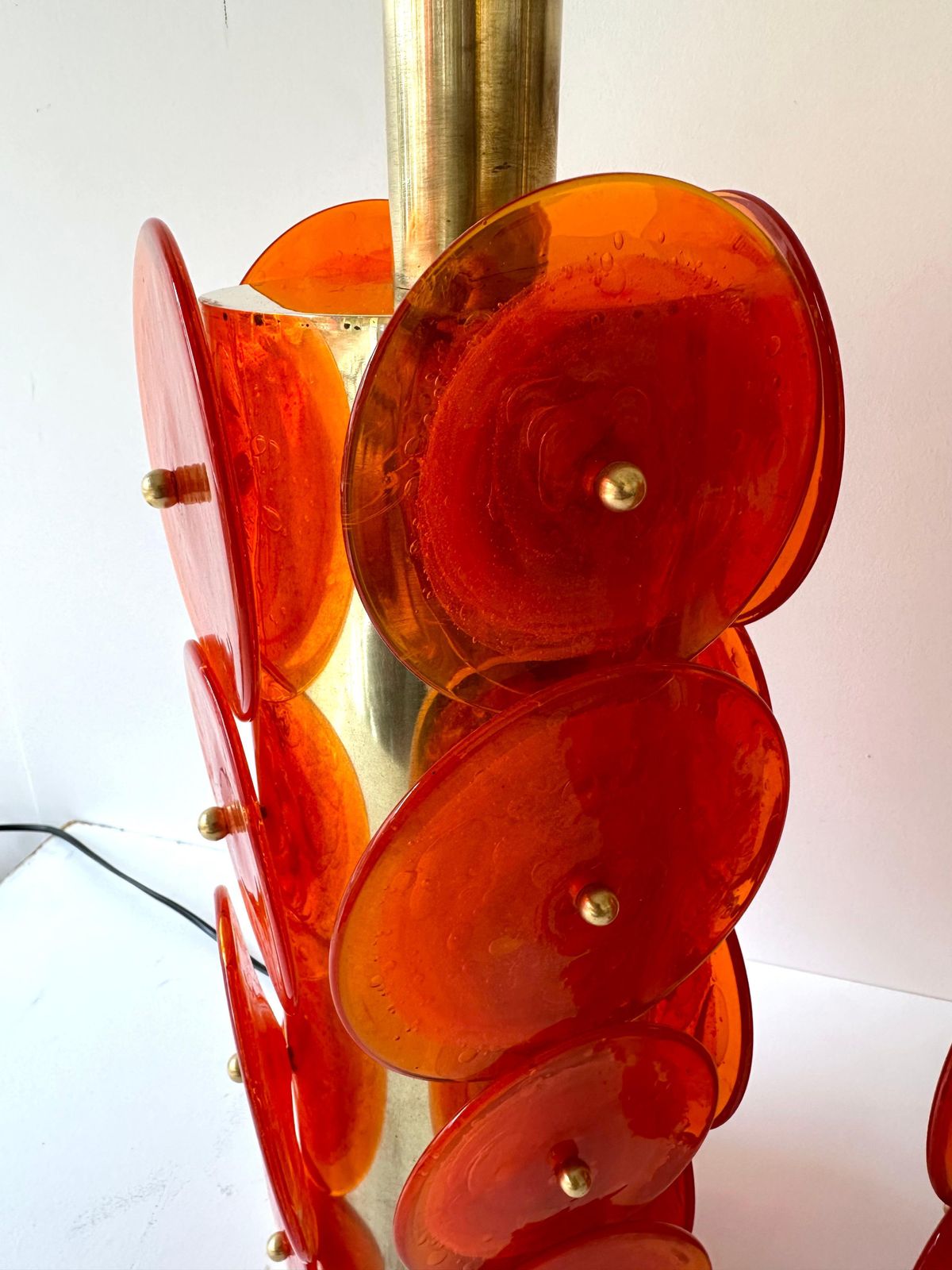 Contemporary Pair Of Brass Murano Glass Orange Disc Lamps, Italy photo buy