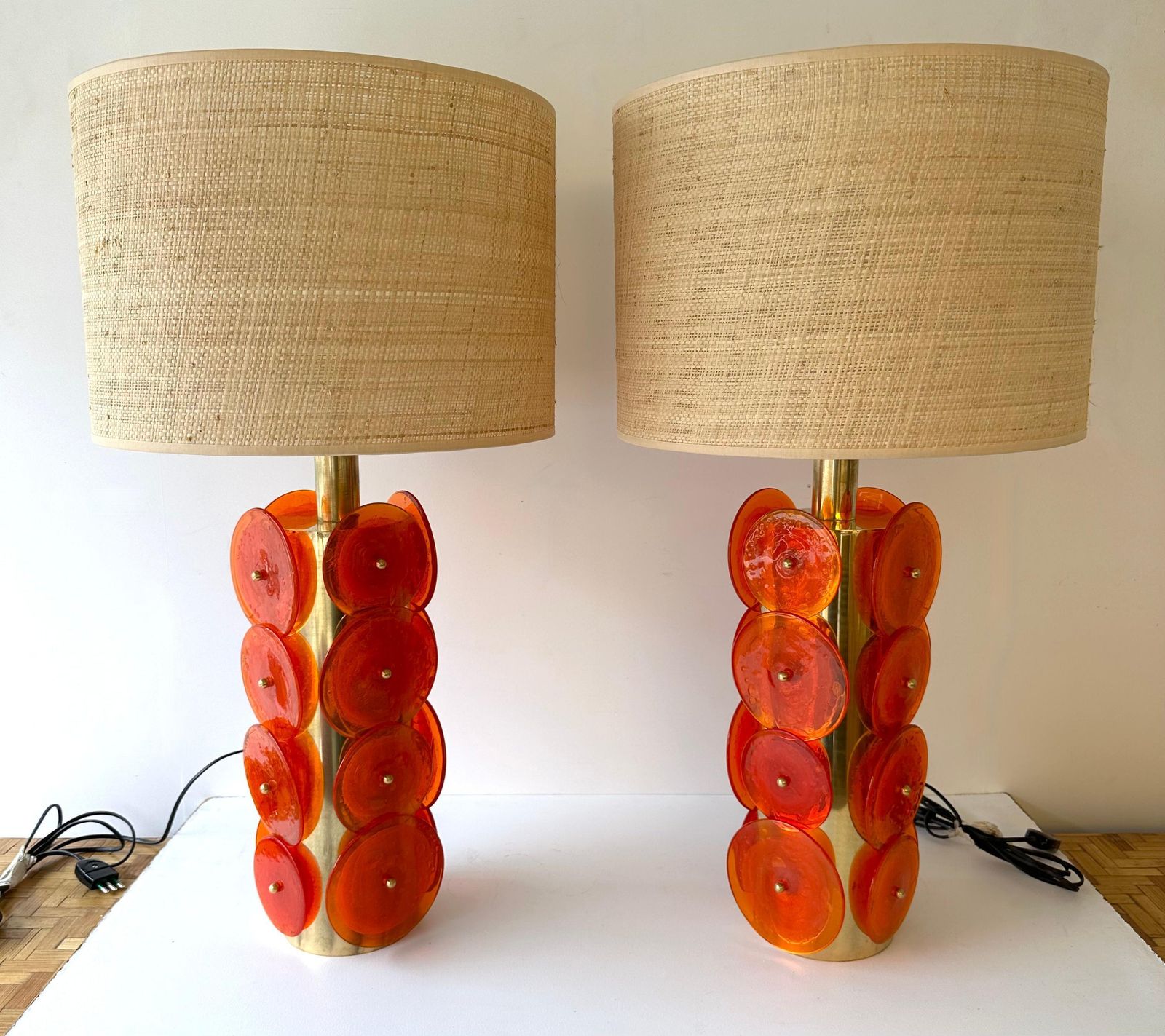 Contemporary Pair Of Brass Murano Glass Orange Disc Lamps, Italy photo vintage