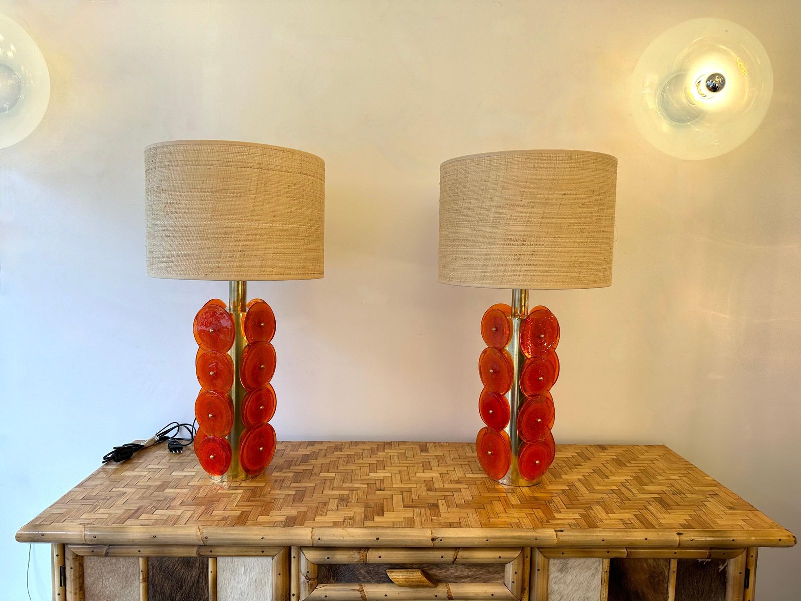 4105.0 Contemporary Pair Of Brass Murano Glass Orange Disc Lamps, Italy photo
