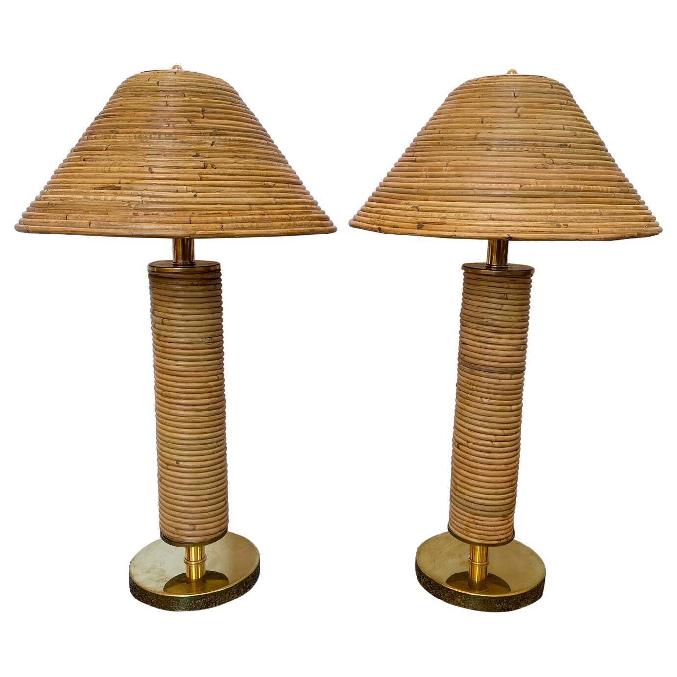 Pair Of Rattan And Brass Lamps, Italy
