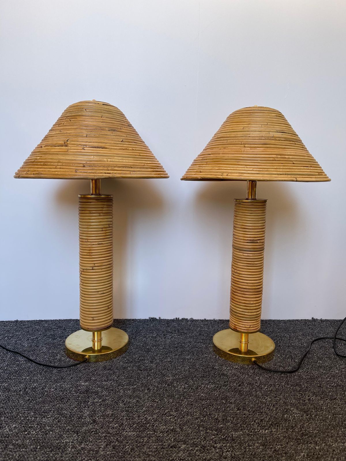 photo for sale Pair Of Rattan And Brass Lamps, Italy