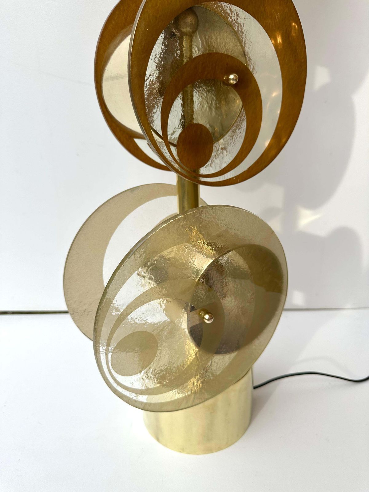 Contemporary Pair Of Brass And Murano Glass Spiral Disc Lamps, Italy photo 4021.0