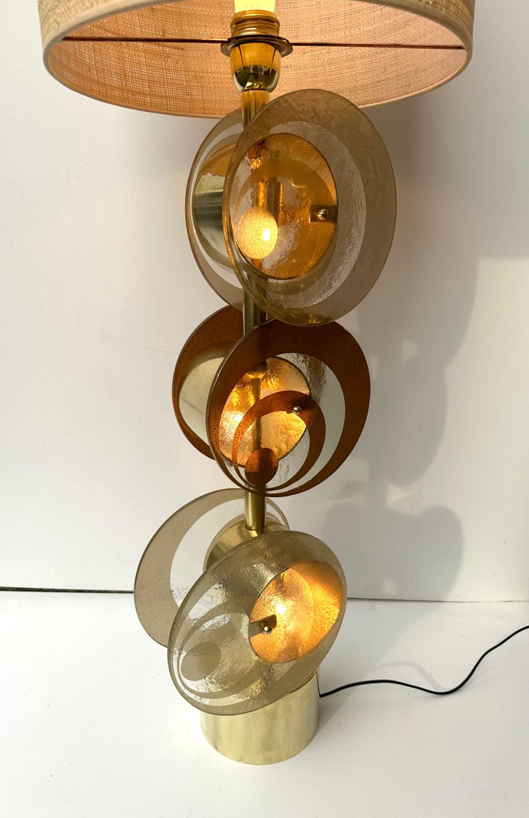 Lighting Contemporary Pair Of Brass And Murano Glass Spiral Disc Lamps, Italy photo