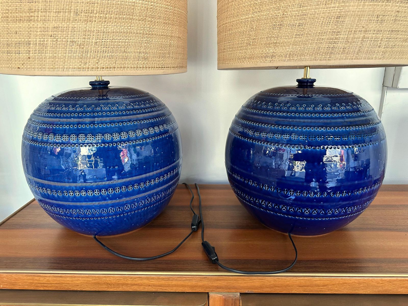 Mid Century Pair Of Ceramic Lamps Blue Rimini By Bitossi. Italy, 1990s photo vintage