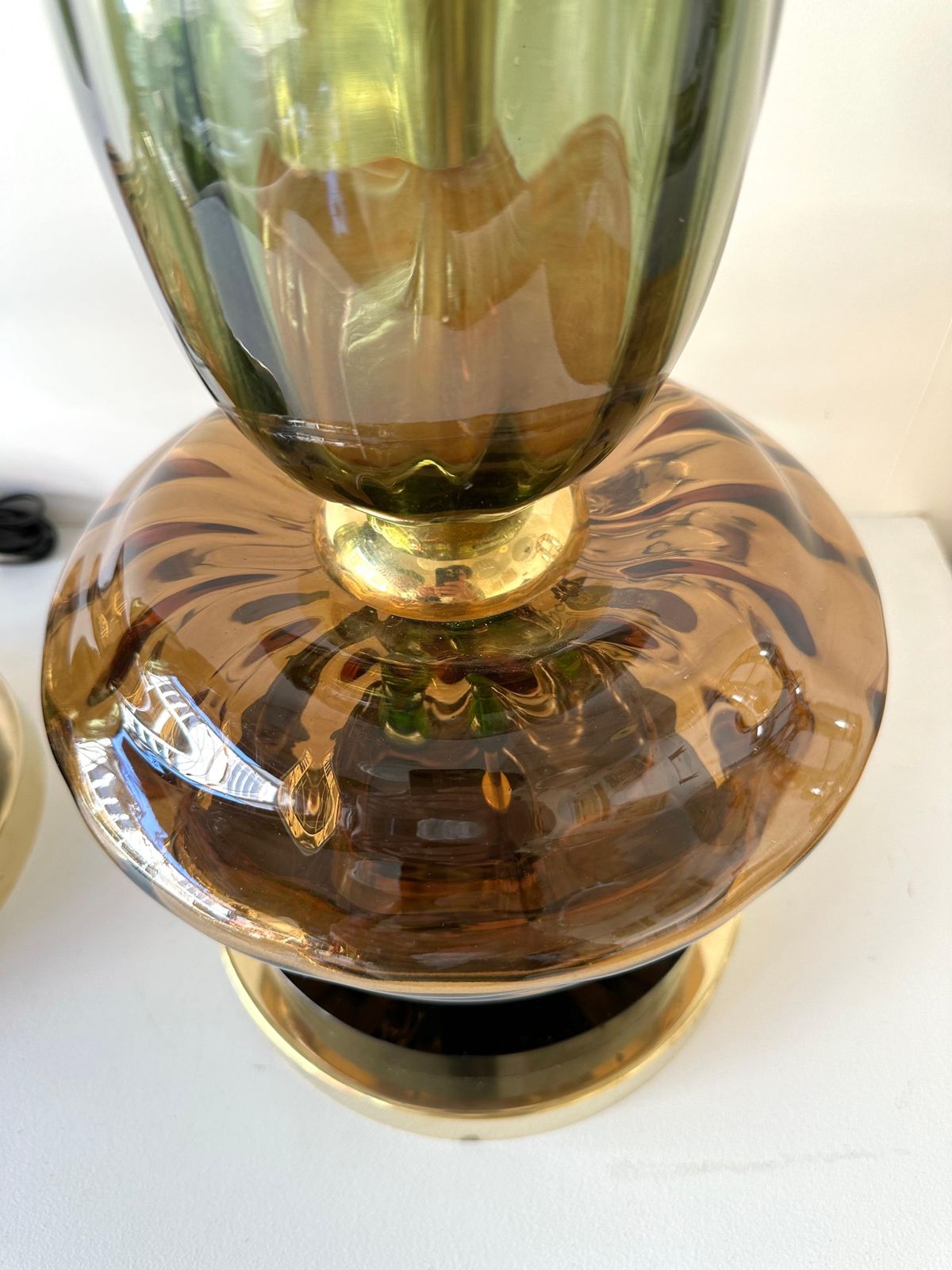 Lighting Contemporary Pair Of Brass And Murano Glass Flower Lamps, Italy photo