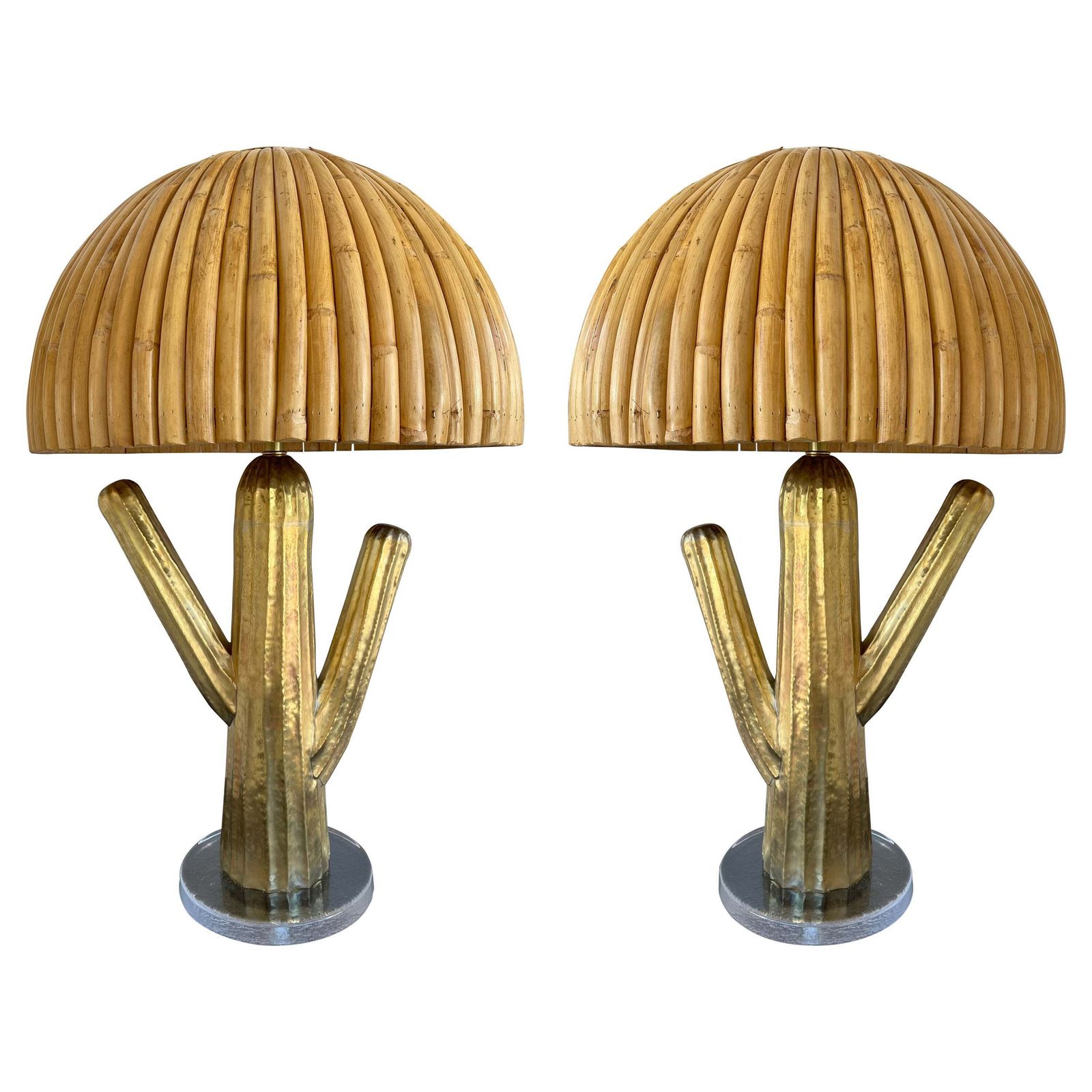 Pair Of Rattan And Brass Cactus Lamps, Italy