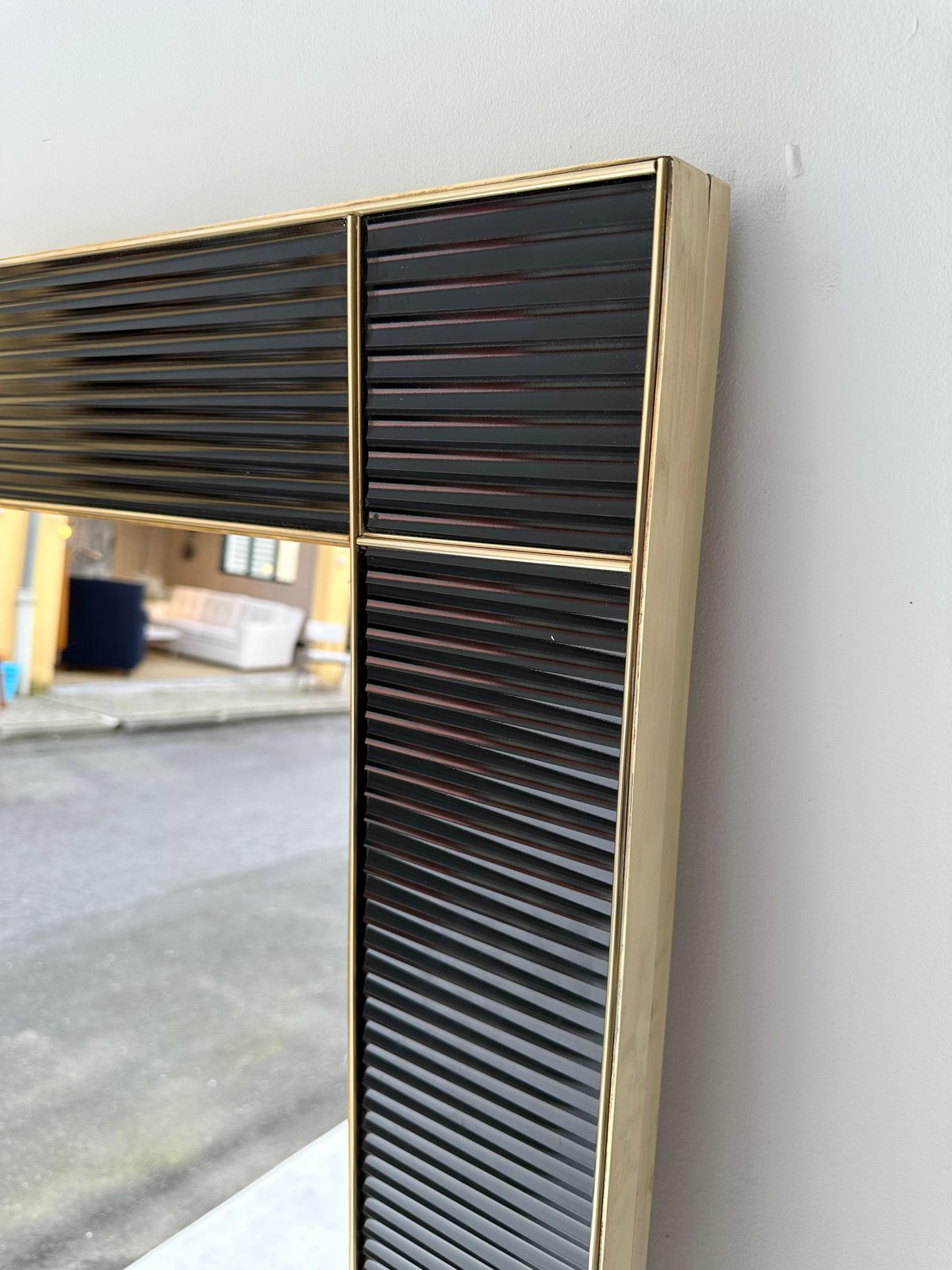 Large Contemporary Brass And Black Fluted Murano Glass  Mirror, Italy photo furniture