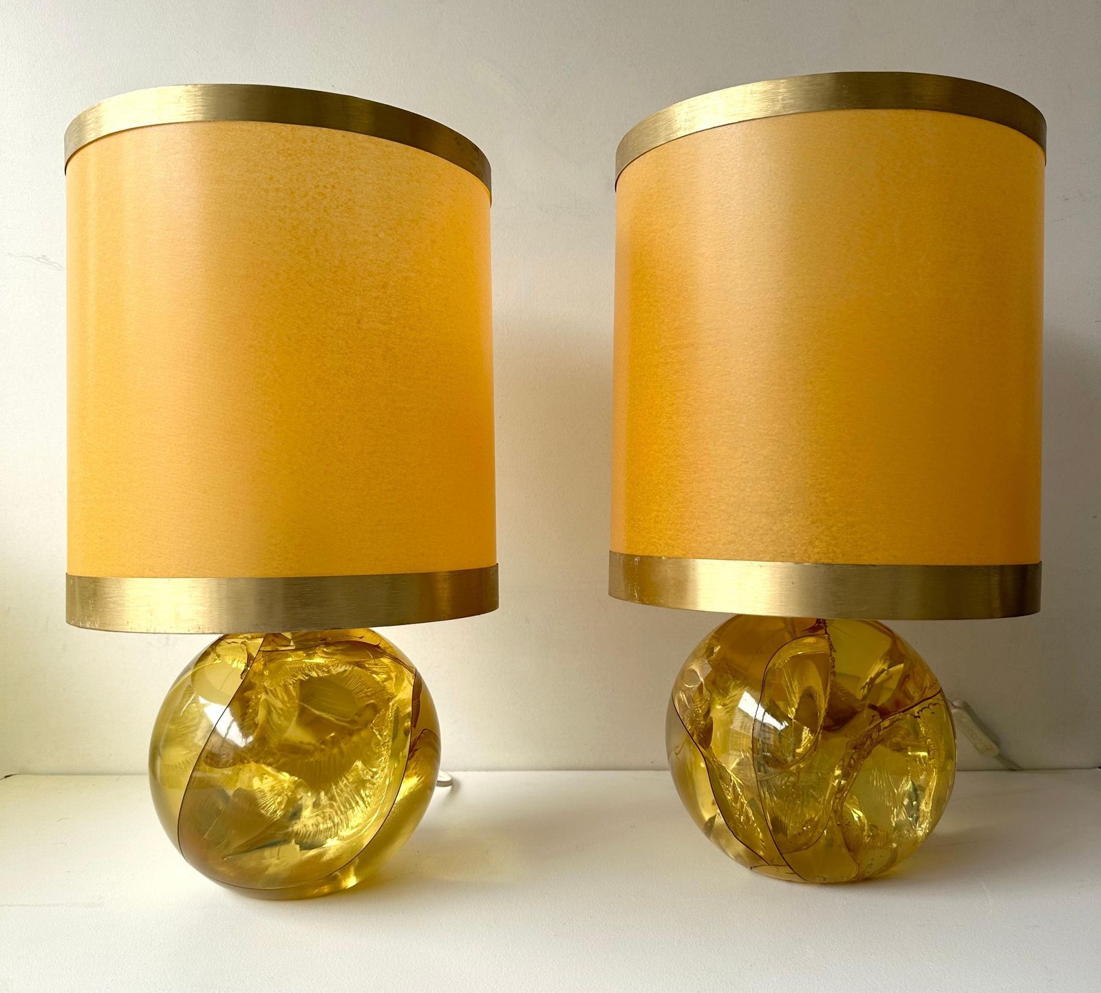 Pair Of Lamps Yellow Fractal Resin By François Godebski , France, 1970s photo for sale