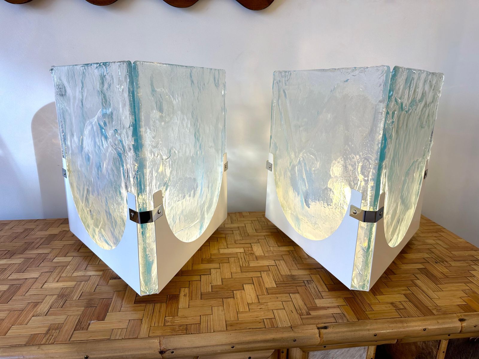 Pair Of Triangle Lamps Opalescent Murano Glass By Leucos, Italy, 1980s photo furniture