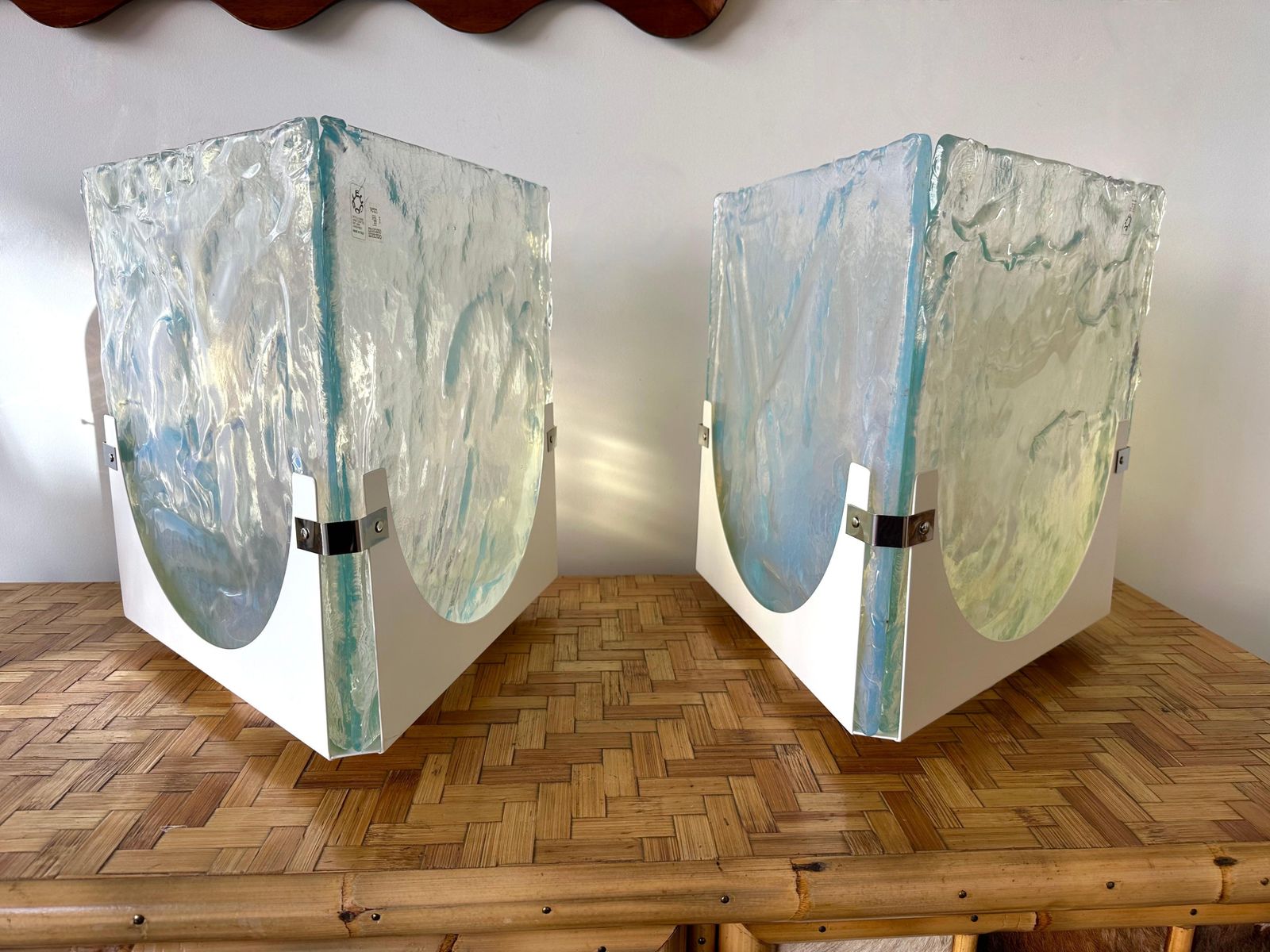 photo for sale Pair Of Triangle Lamps Opalescent Murano Glass By Leucos, Italy, 1980s