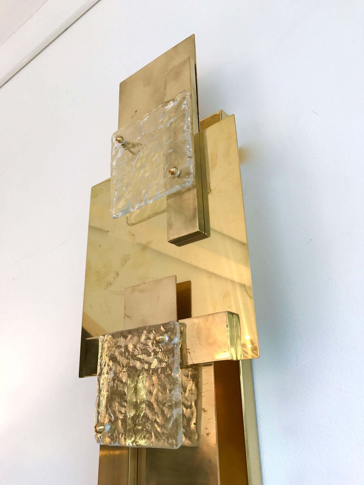 Large Contemporary Pair Of Brass Sconces Geometrical Murano Glass, Italy photo Lighting