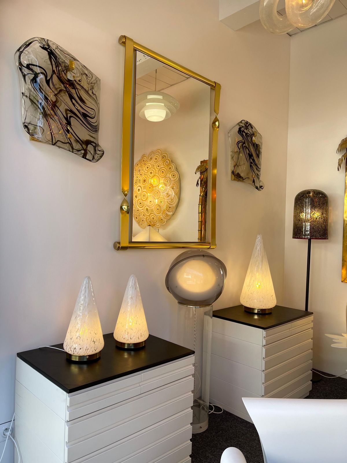 Pair Of Cone Lamps Murano Glass And Brass By Esperia. Italy, 1970s photo for sale