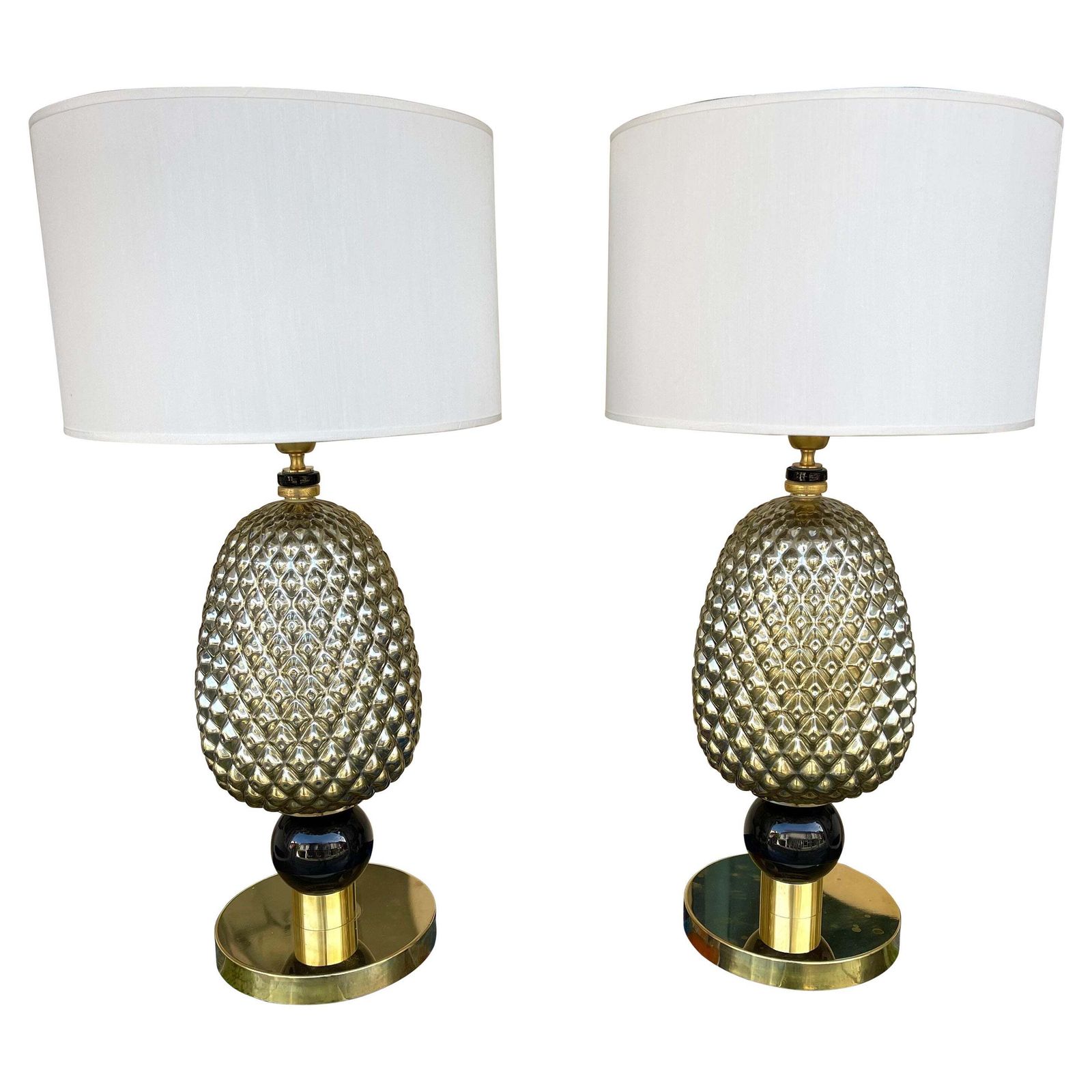 Contemporary Pair Of Silver Gold Pineapple Murano Glass And Brass Lamps, Italy