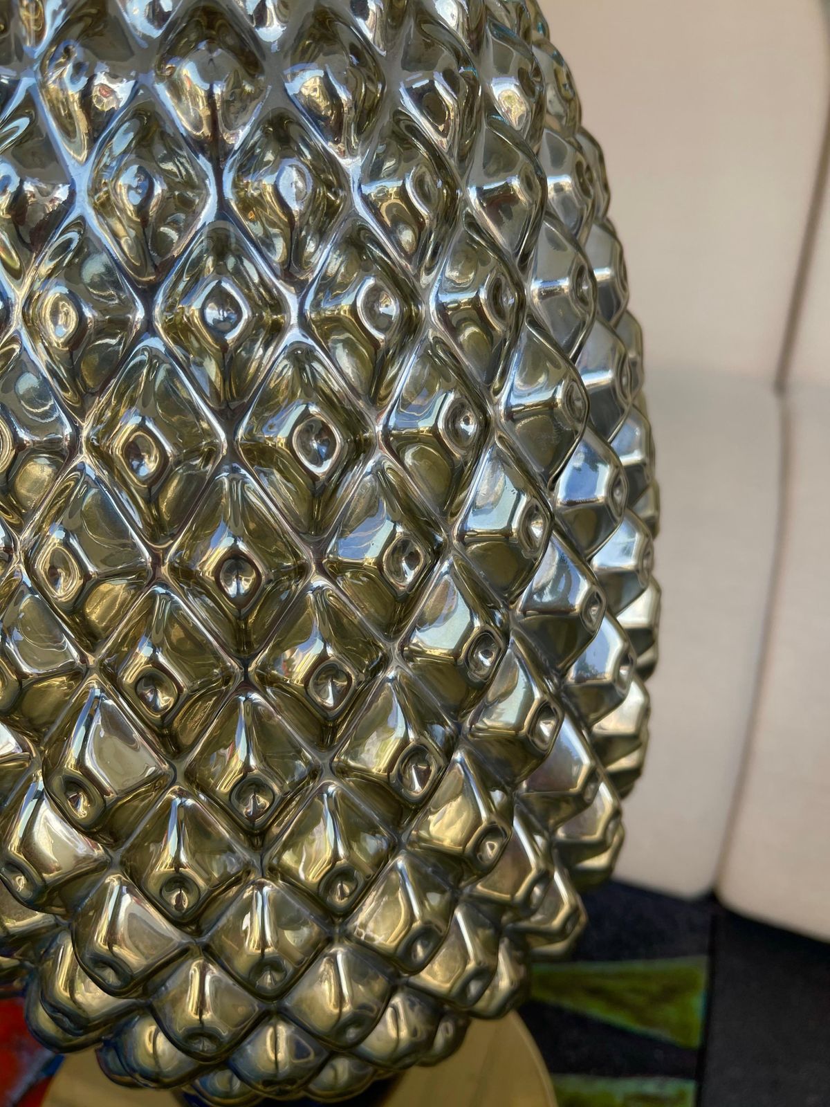 Contemporary Pair Of Silver Gold Pineapple Murano Glass And Brass Lamps, Italy photo vinterior