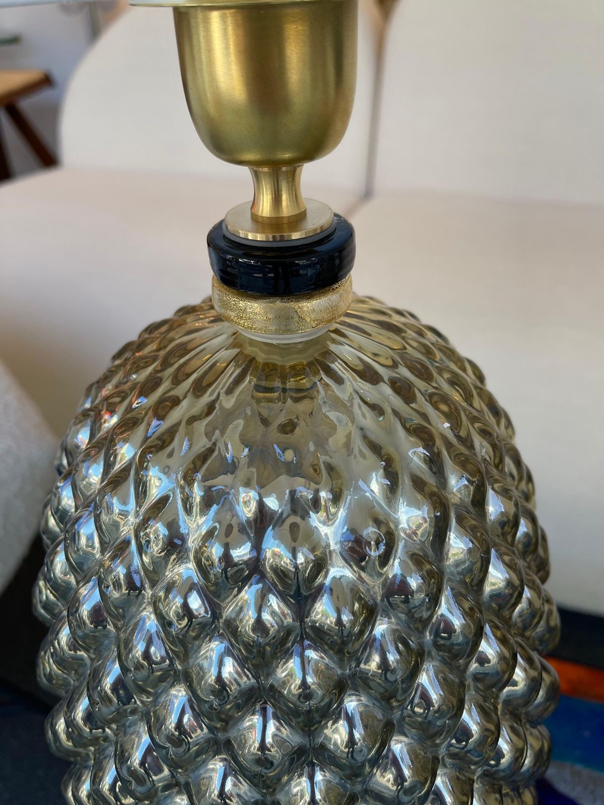 Contemporary Pair Of Silver Gold Pineapple Murano Glass And Brass Lamps, Italy photo buy