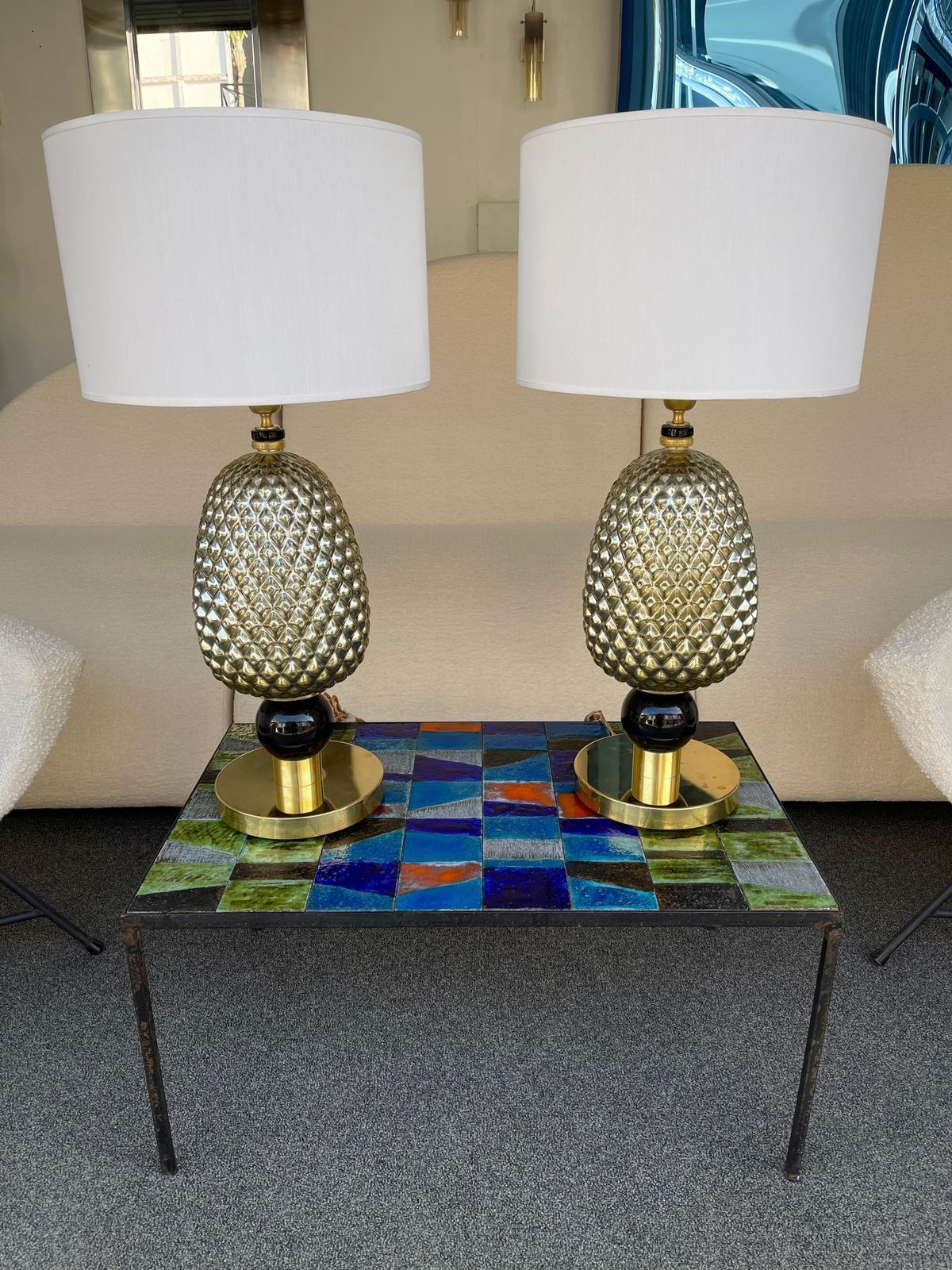 photo furniture Contemporary Pair Of Silver Gold Pineapple Murano Glass And Brass Lamps, Italy