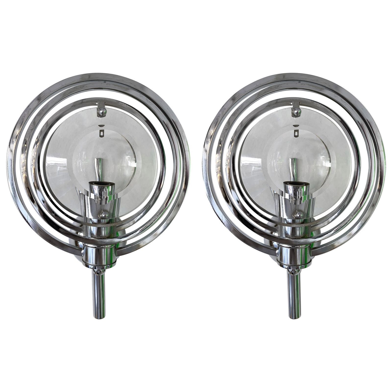 Pair Of Optical Metal Chrome Sconces By Oscar Torlasco, Italy, 1970s