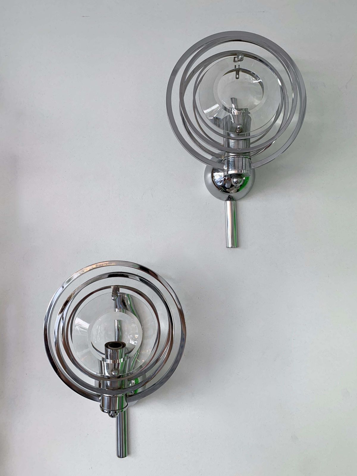 photo for sale Pair Of Optical Metal Chrome Sconces By Oscar Torlasco, Italy, 1970s