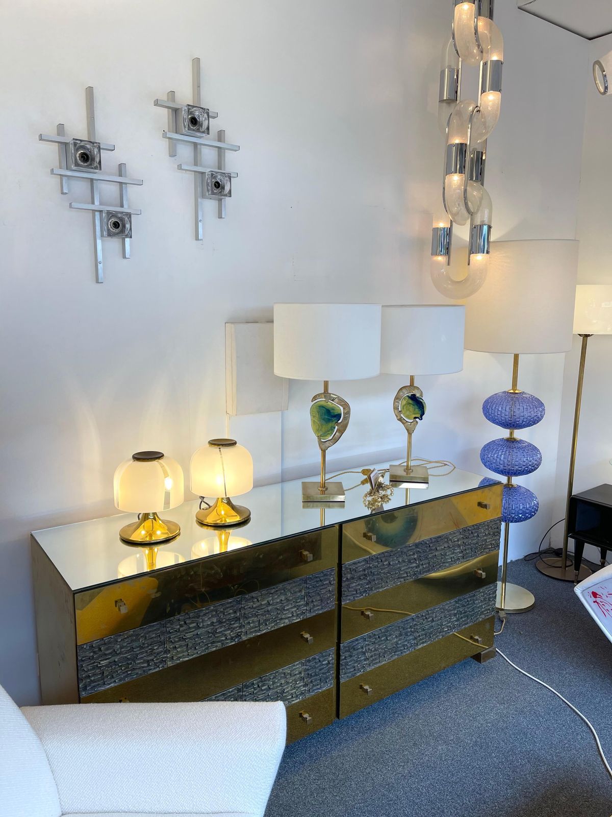 Pair Of Cubic Sconces Metal Murano Glass By Sciolari, Italy, 1970s photo vintage