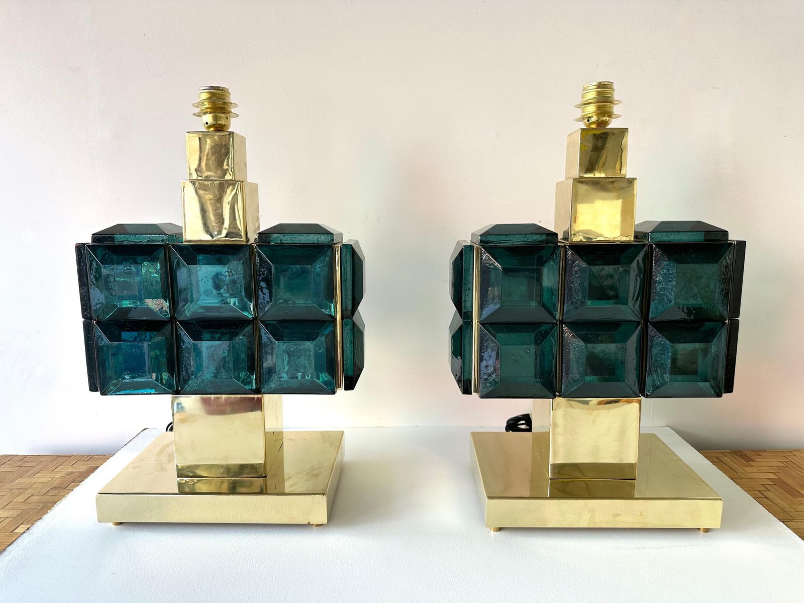 Contemporary Pair Of Brass And Diamonds Murano Glass Lamps, Italy photo Lighting