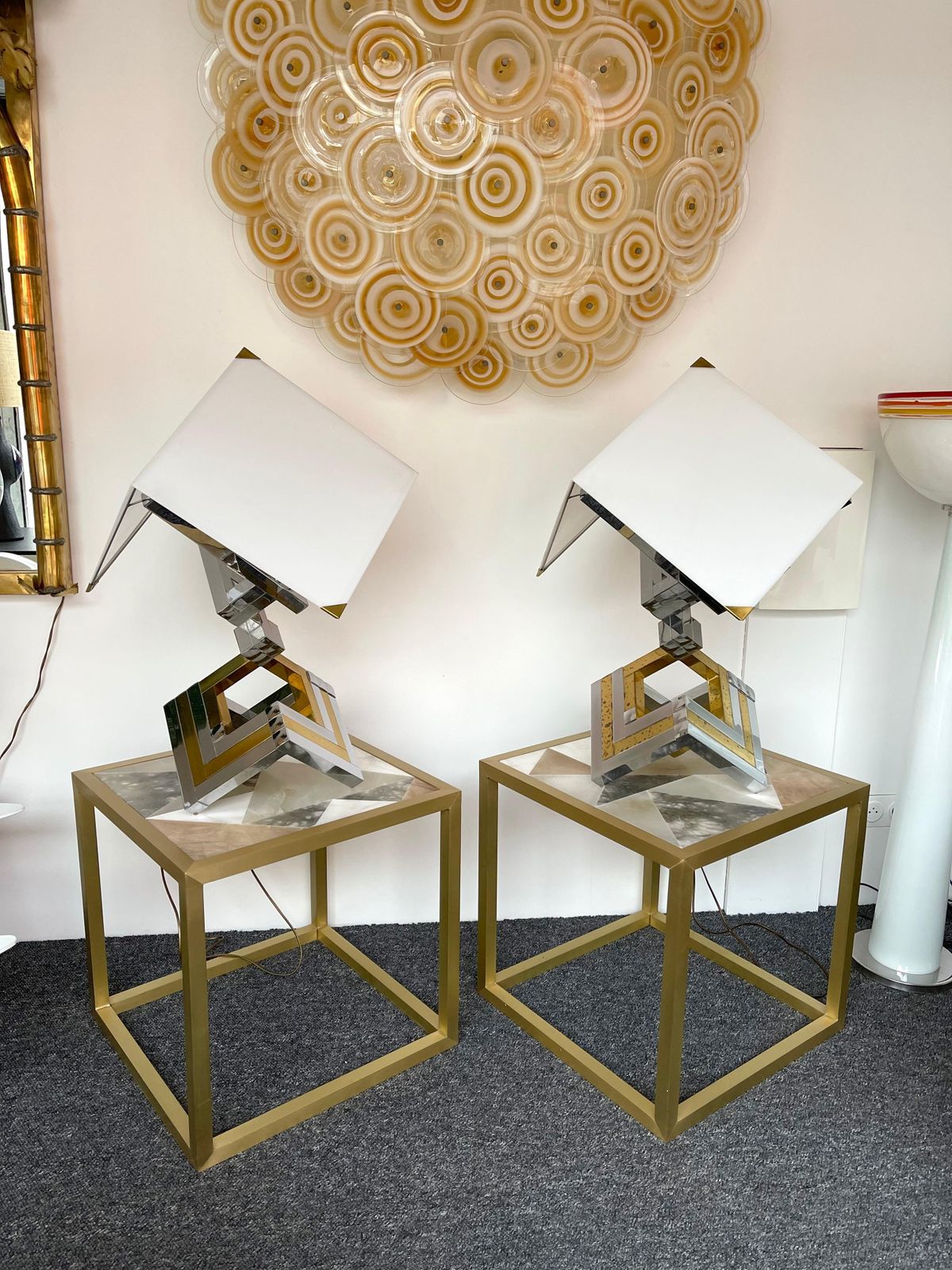 Pair Of Brass And Metal Chrome Lamps By Lumica, Spain, 1970s photo Lighting