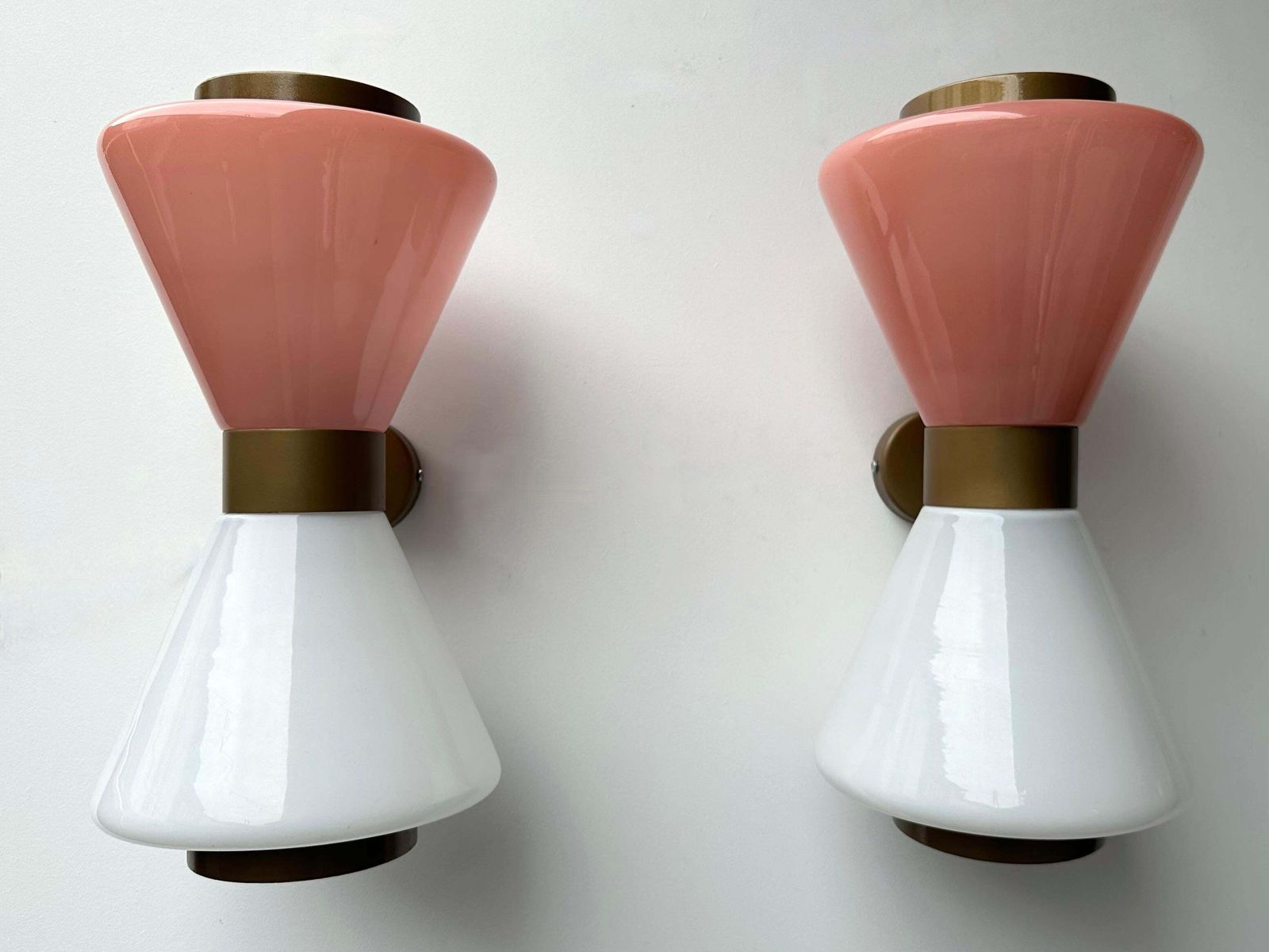 photo for sale Pair Of Diabolo Sconces Pink And White Murano Glass. Italy