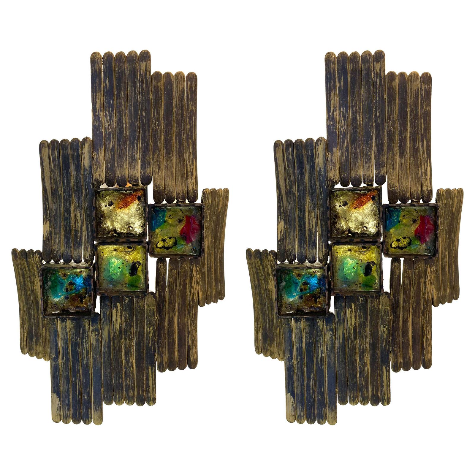 Pair Of Brutalist Gilt Metal And Glass Sconces. Italy, 1970s