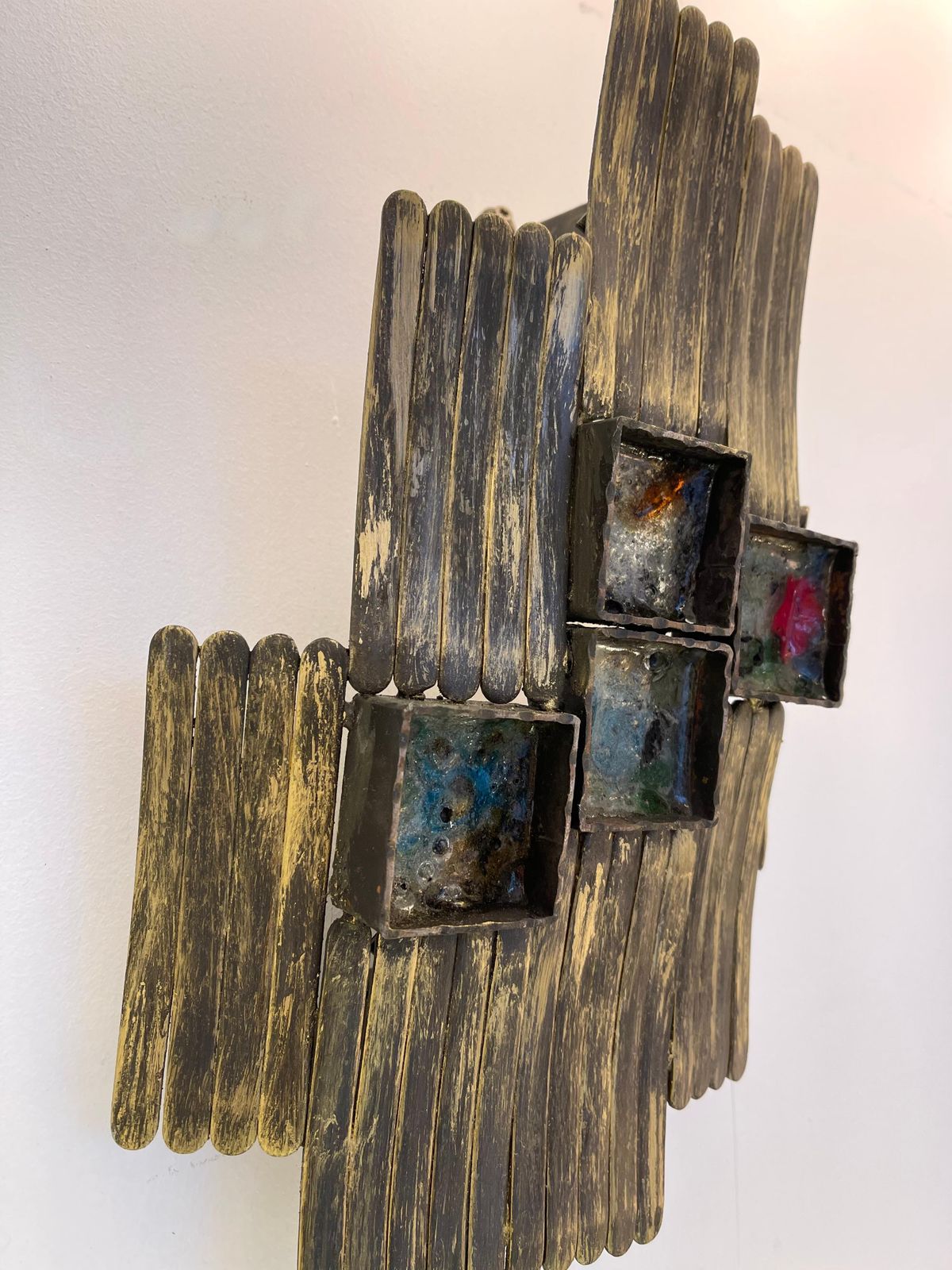 Pair Of Brutalist Gilt Metal And Glass Sconces. Italy, 1970s photo Lighting
